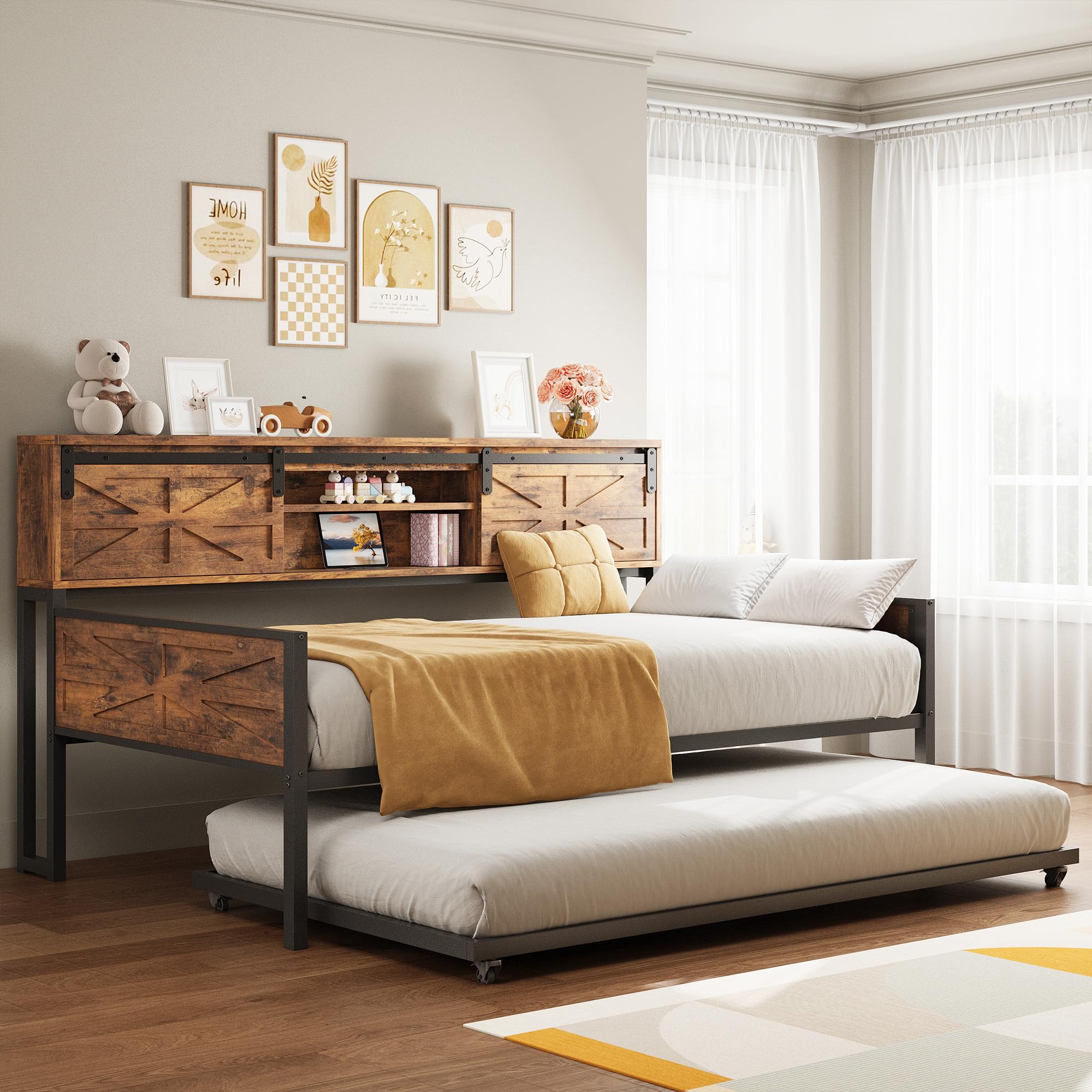 Daybed with Trundle, Rustic Bed Twin with Storage and Charging Station