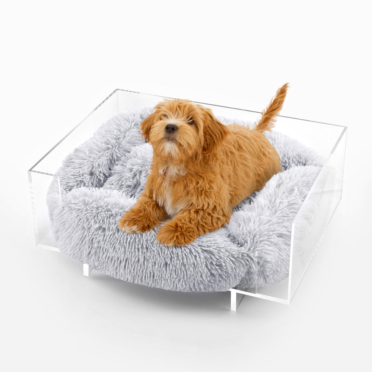 Lucite Acrylic Pet Bed with Faux Fur Washable Cushion