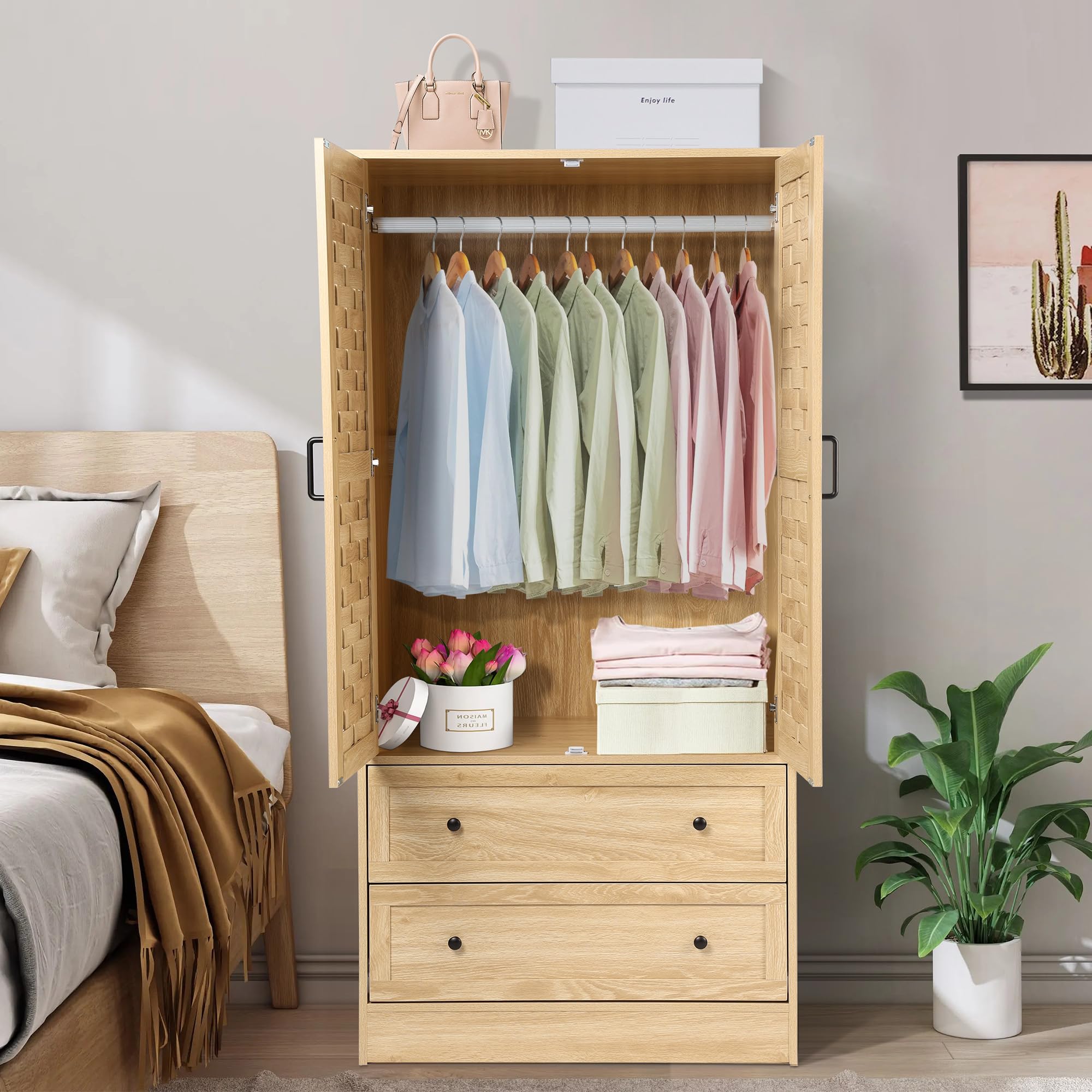 Armoire Wardrobe Closet with 2 Woven Doors, Wardrobe Cabinet