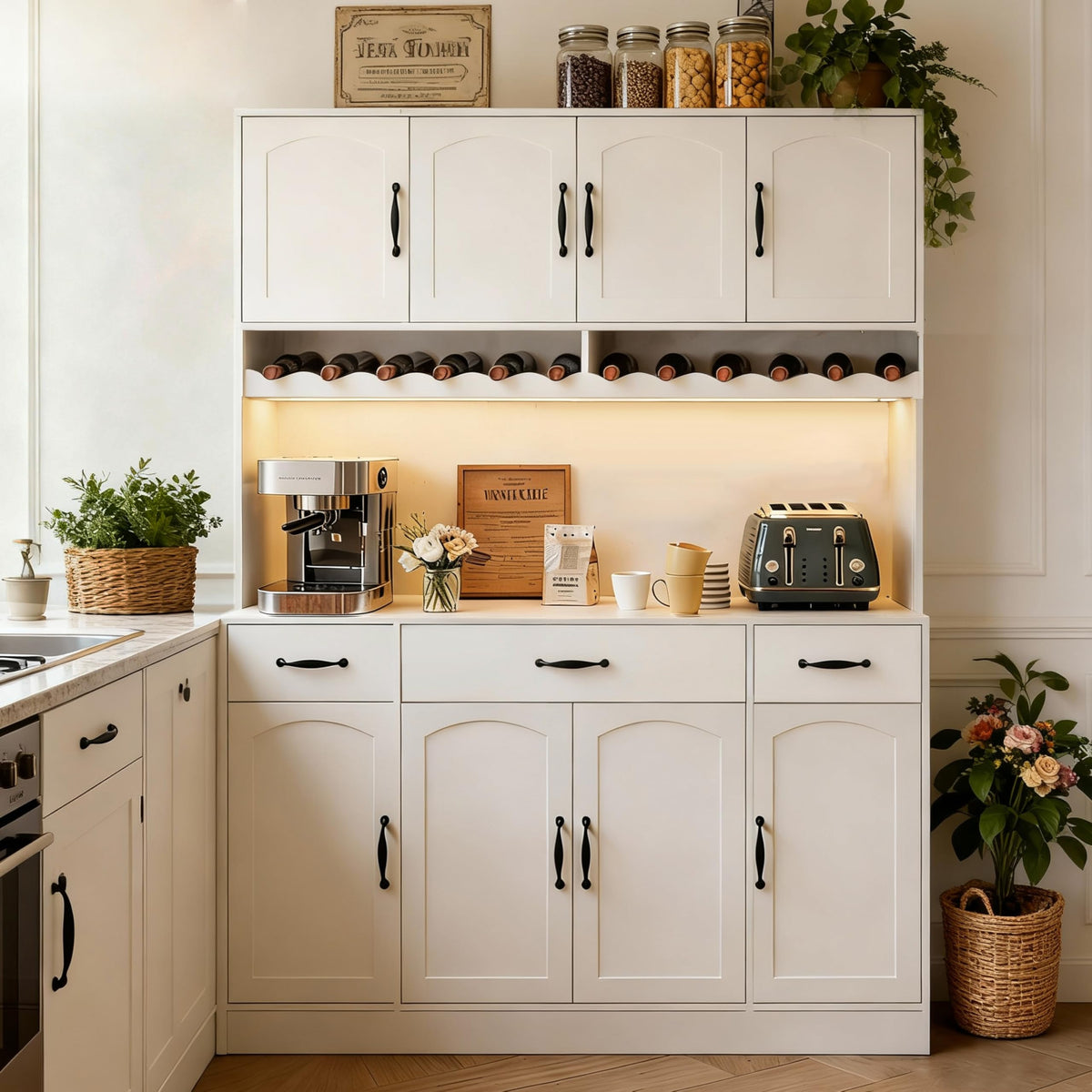 72" Tall Kitchen Pantry Cabinet with LED Light & Charging Station
