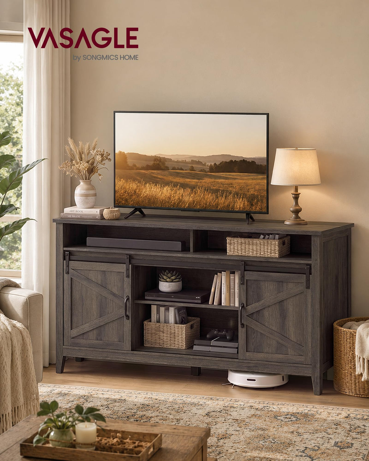 58.3" Farmhouse TV Stand with Sliding Barn Doors & Cable Management