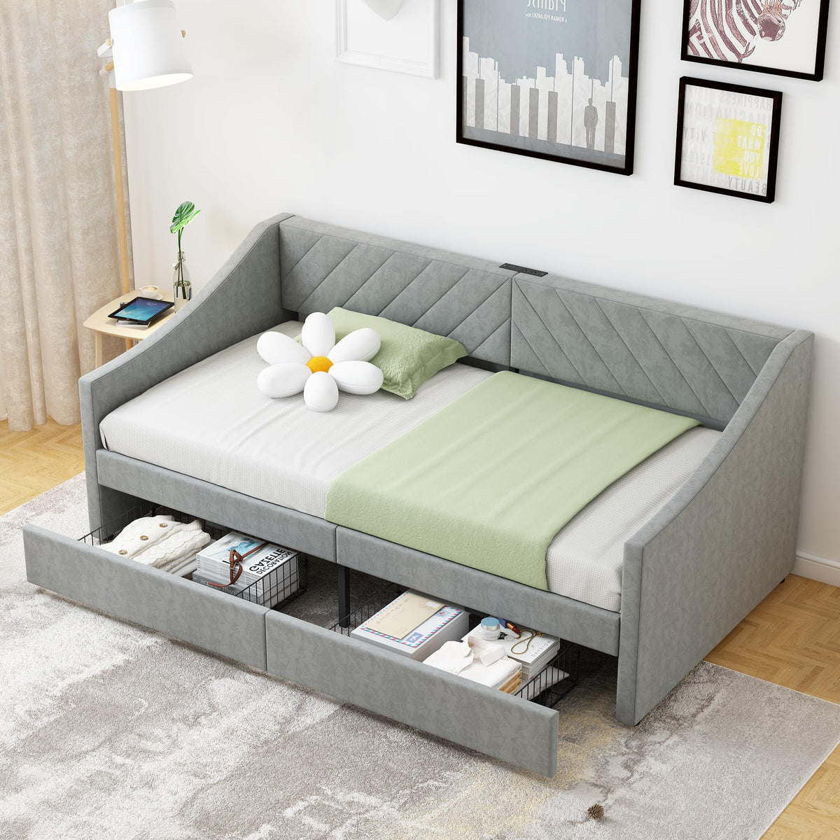 Twin Upholstered Daybed with Storage Drawers & Charging Station
