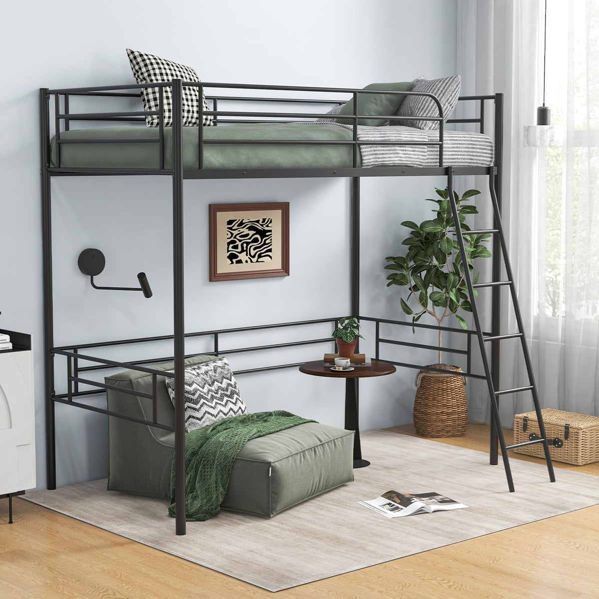Twin Size Metal Loft Bed with Ladder & Safety Guardrails