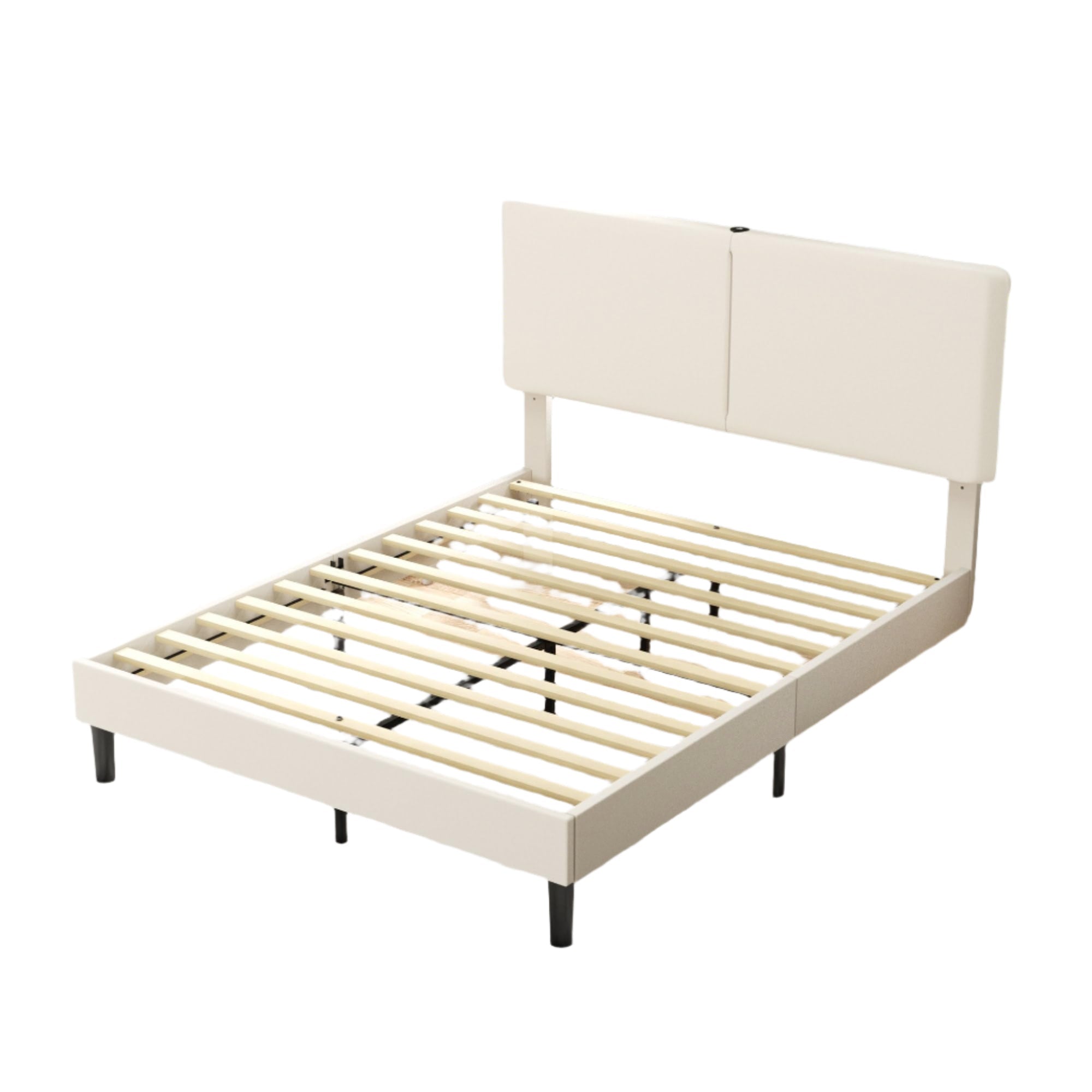 Full Bed Frame with Type-C & USB Ports, Upholstered Platform Height-Adjustable