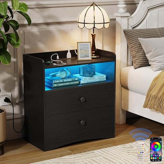 Nightstand with Charging Station and LED Light,Modern Nightstand