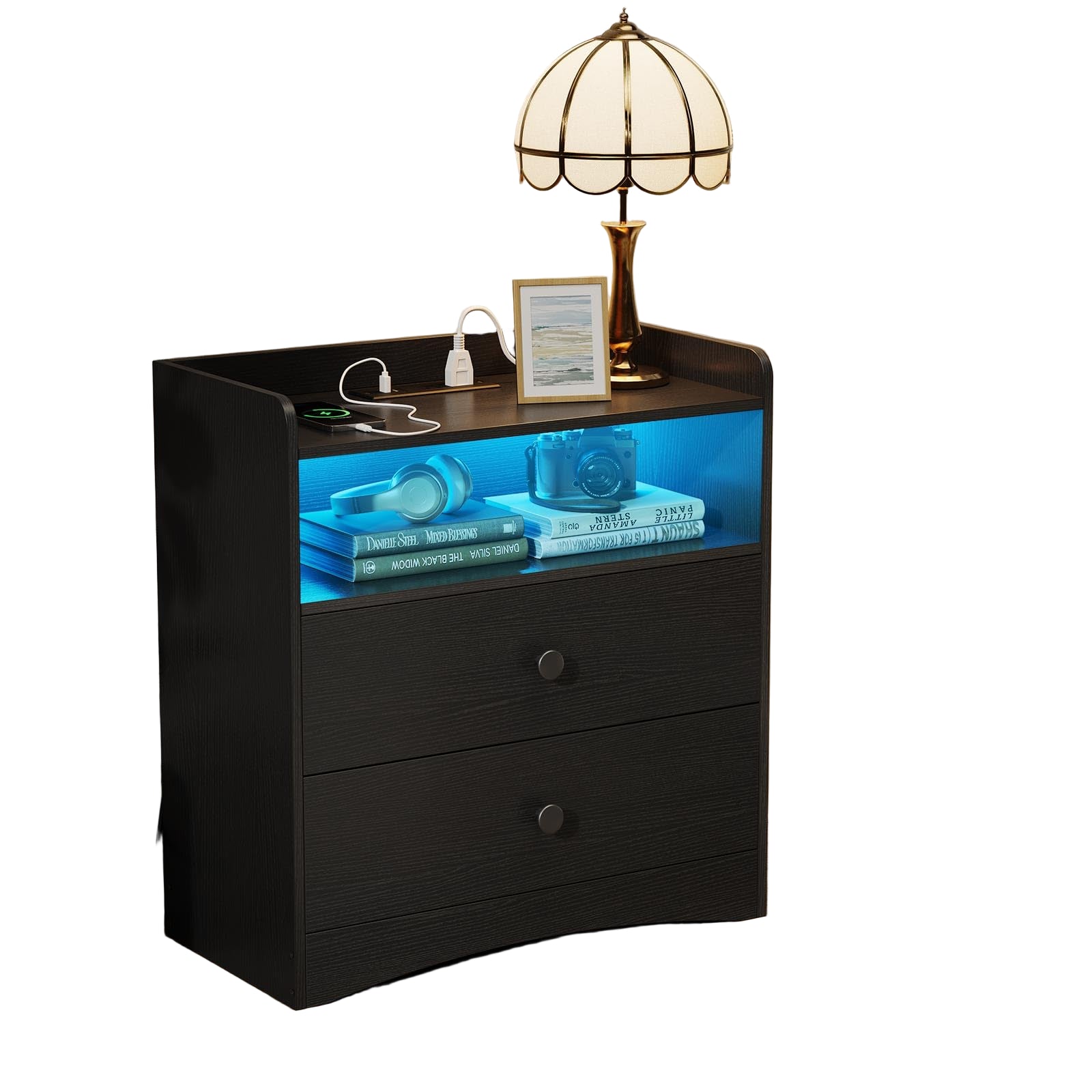 Nightstand with Charging Station and LED Light,Modern Nightstand