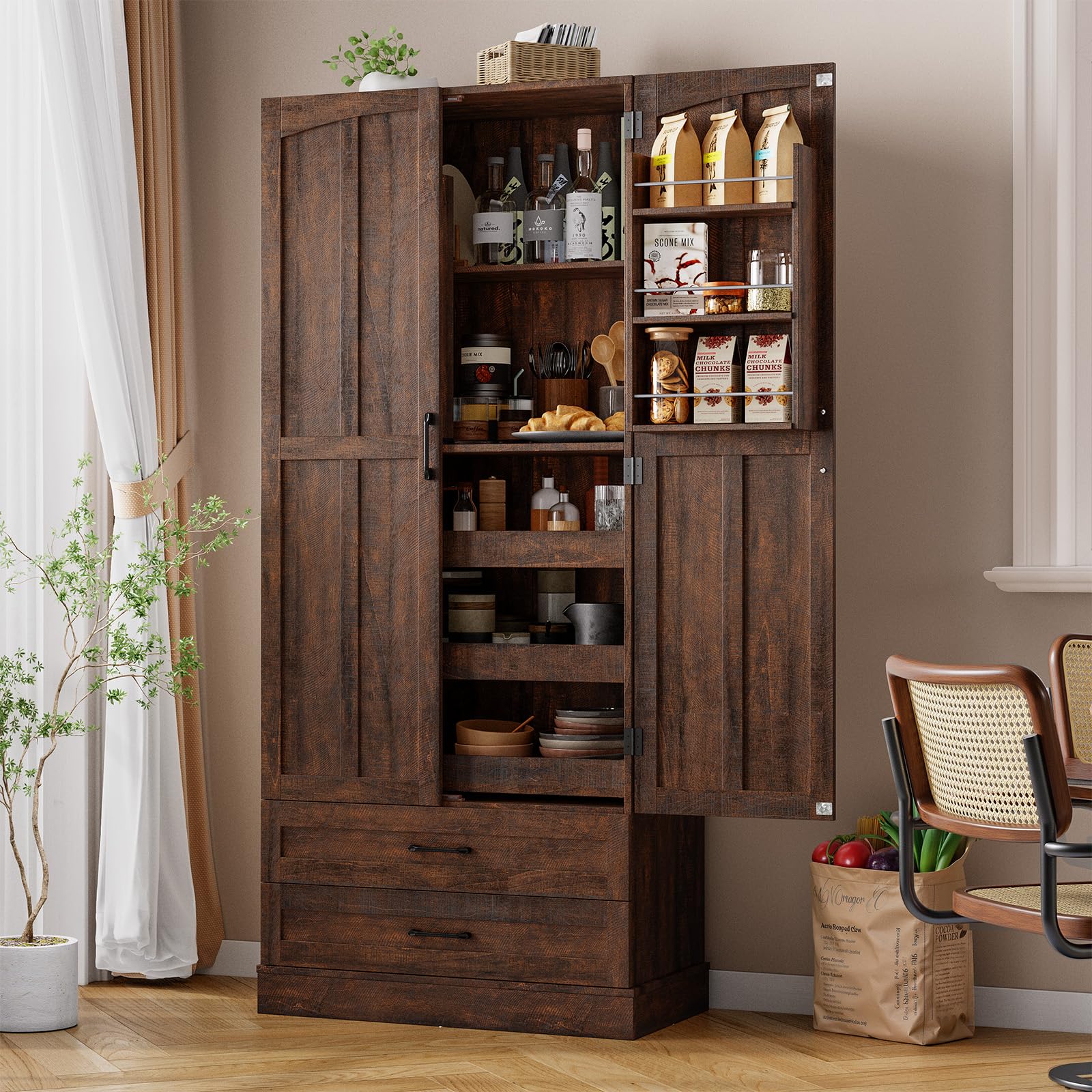 71" Tall Kitchen Pantry Cabinet with Pull-Out Shelves & Drawers