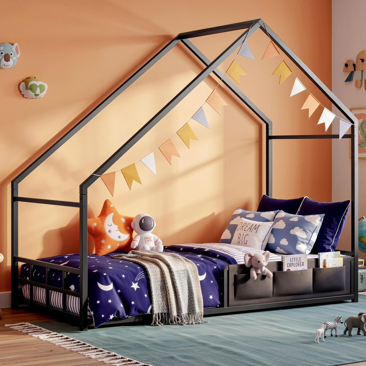 Twin House Floor Bed Frame with Metal Slats