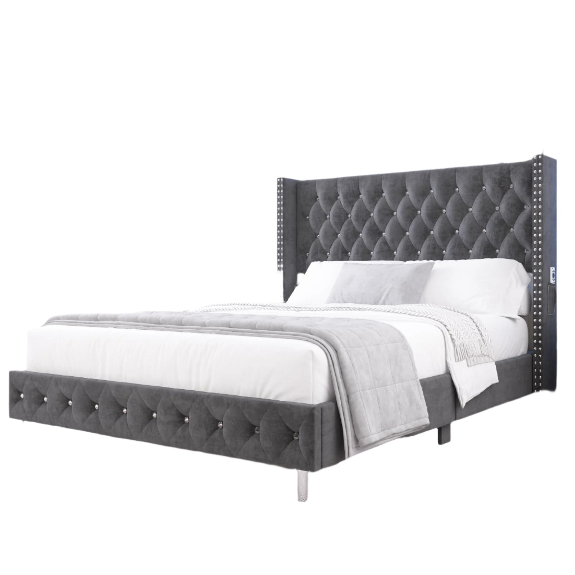 Queen LED Upholstered Bed Frame with Wingback Headboard