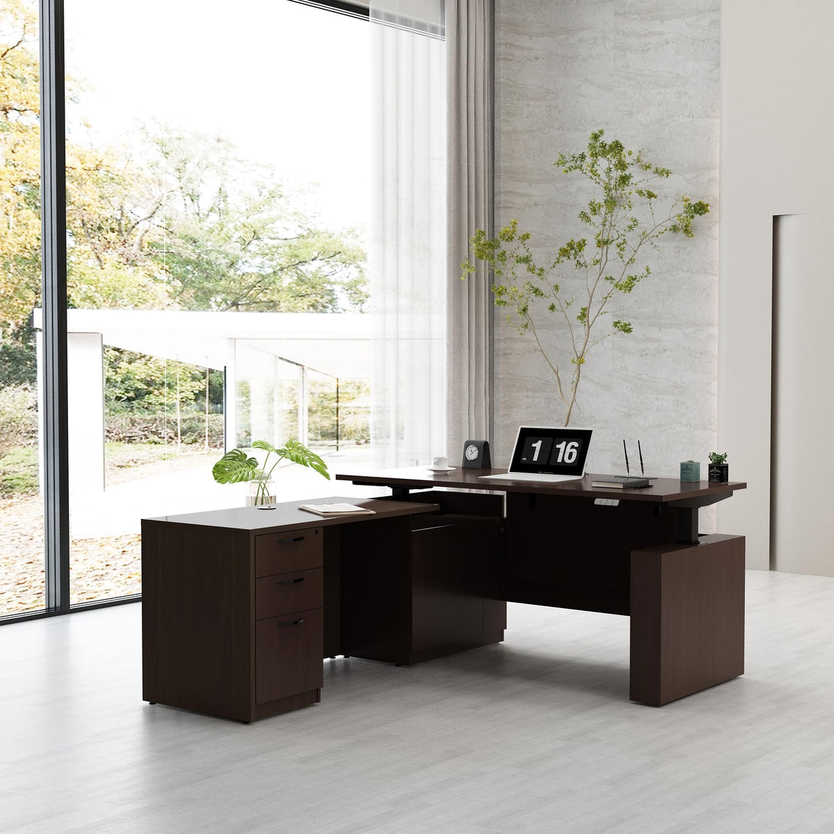L-Shaped Electric Standing Desk with Drawers & Lockable Cabinet
