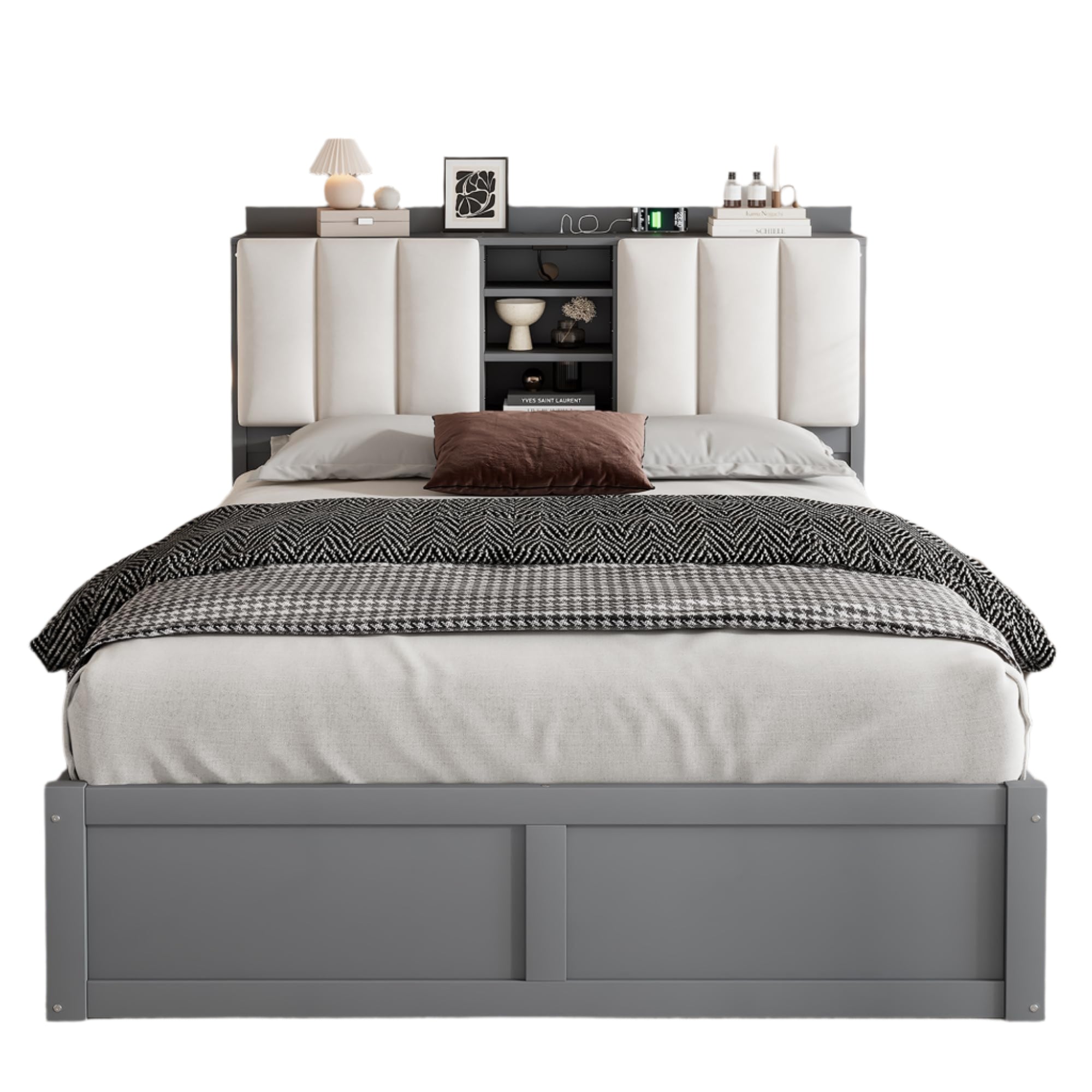 Wood Full Size Platform Bed with Storage Headboard and 4 Drawers, Gray