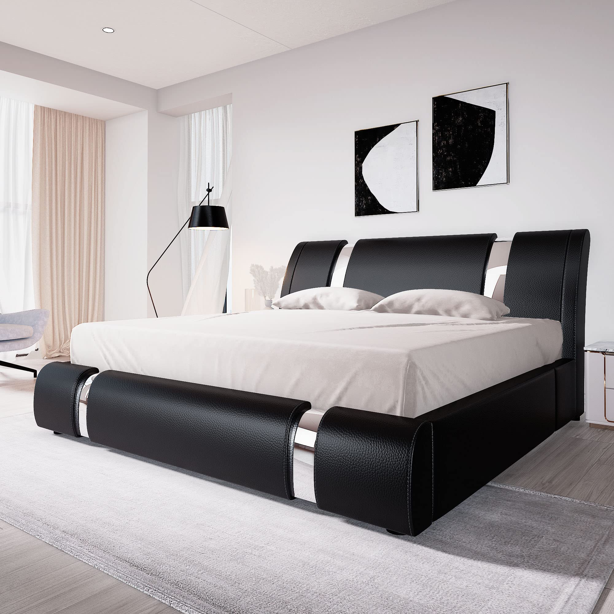 King Size Bed Frame with Iron Piece Decor, Faux Leather Upholstered Platform Bed
