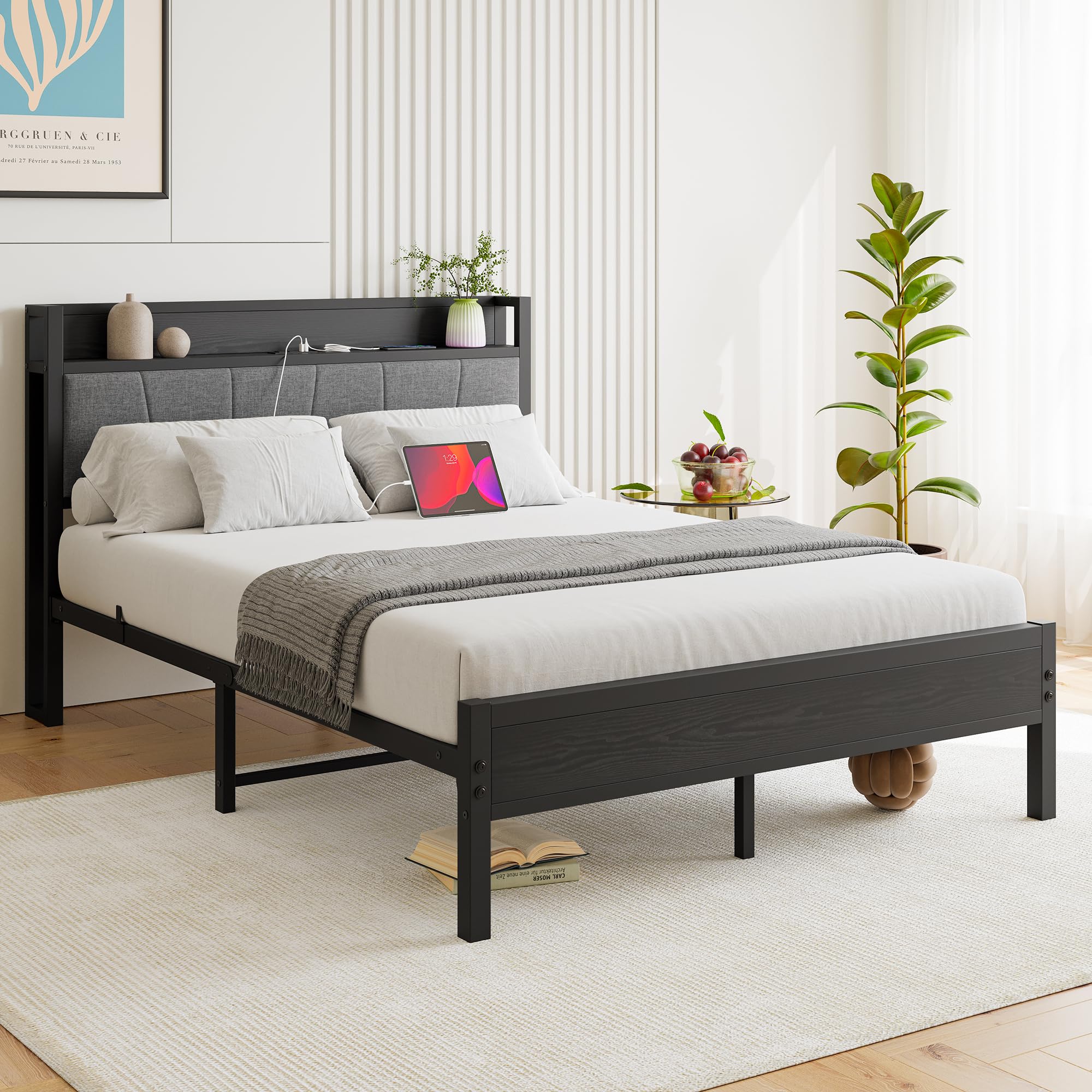 Black Full Size Bed Frame with Storage Headboard,Metal Upholstered Platform