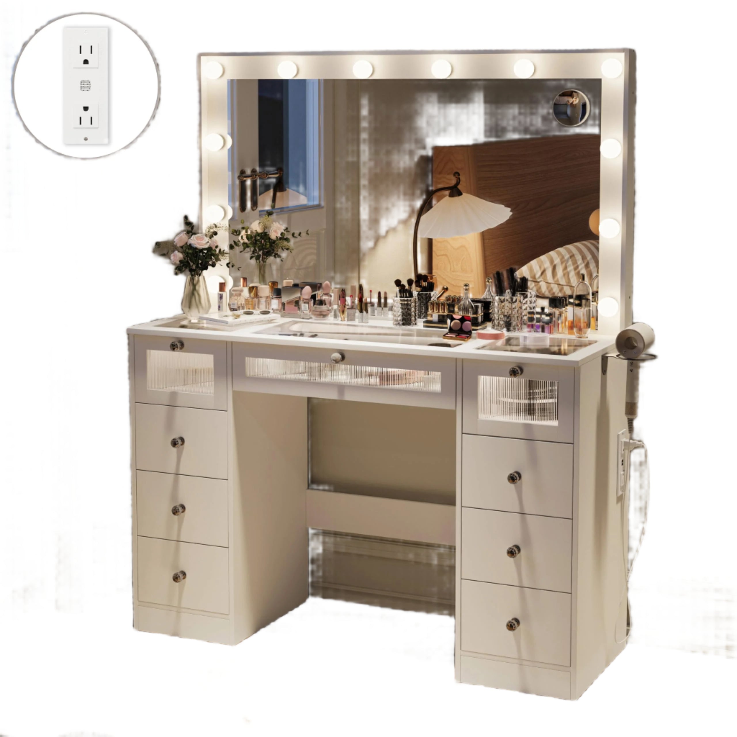 Vanity Desk with 36.9" Oversized Mirror and Lights, Vanity with Tempered Glass