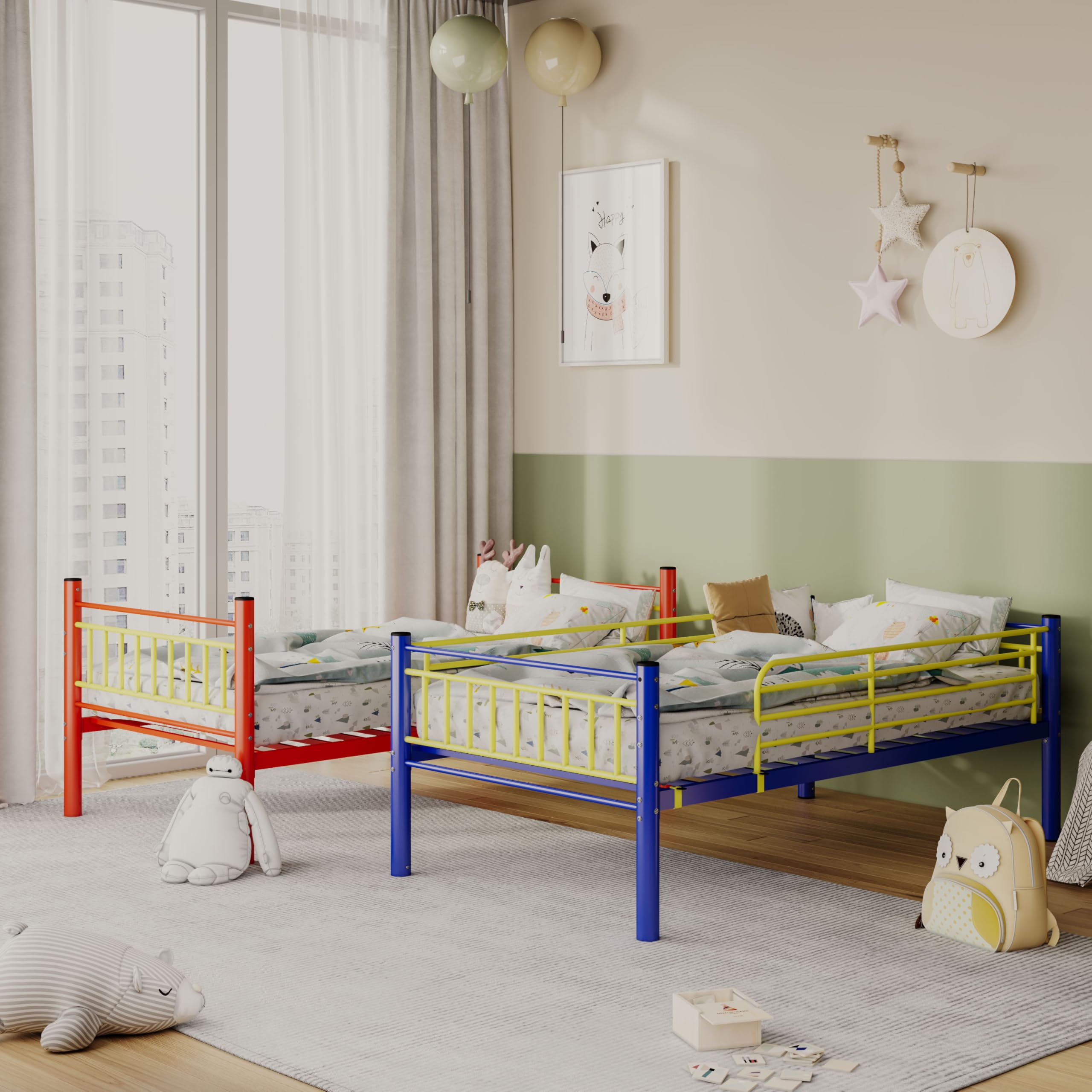 AUEYTVR Metal Bunk Bed Twin Over Twin,Twin Bunk Beds for Adults & Kids with Ladder and Guardrail,Heavy Duty Metal Slats Support No Box Spring Needed Small Space Saving Furniture for Bedroom Dorm