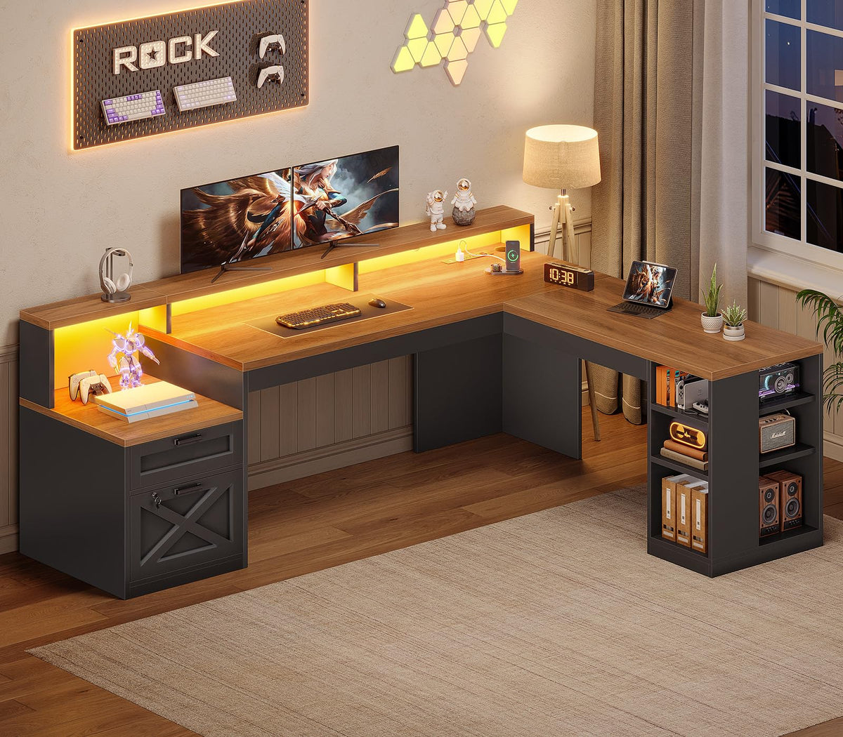 L-Shaped Desk with Lockable Drawers, Shelves, Power Strip & RGB LED