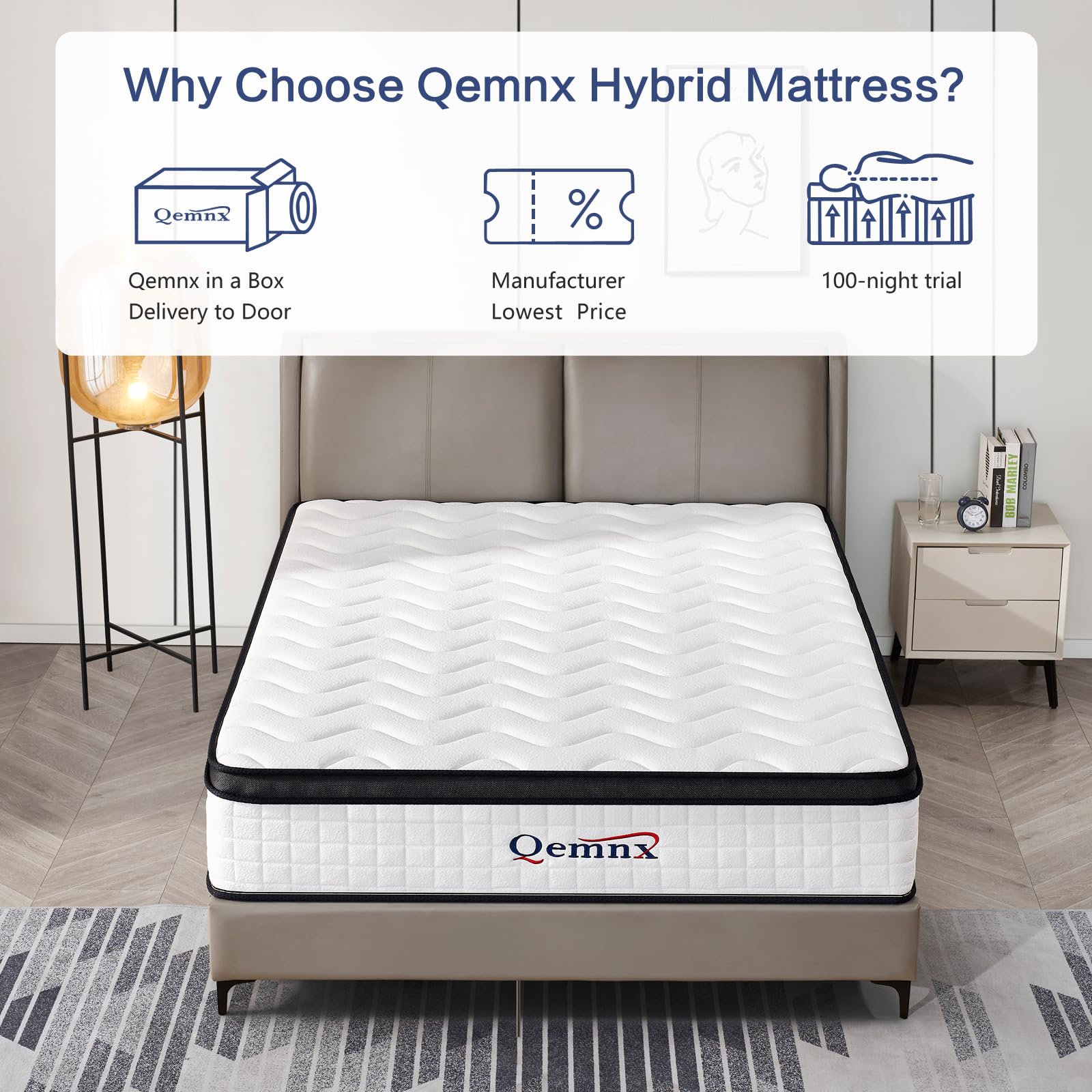 QEMNX 12 Inch Queen Hybrid Mattress – Medium Firm, Memory Foam & Responsive Pocket Springs, Enhanced Edge Support, Motion Isolation, Pressure Relief, Eco-Friendly, Compressed for Easy Setup