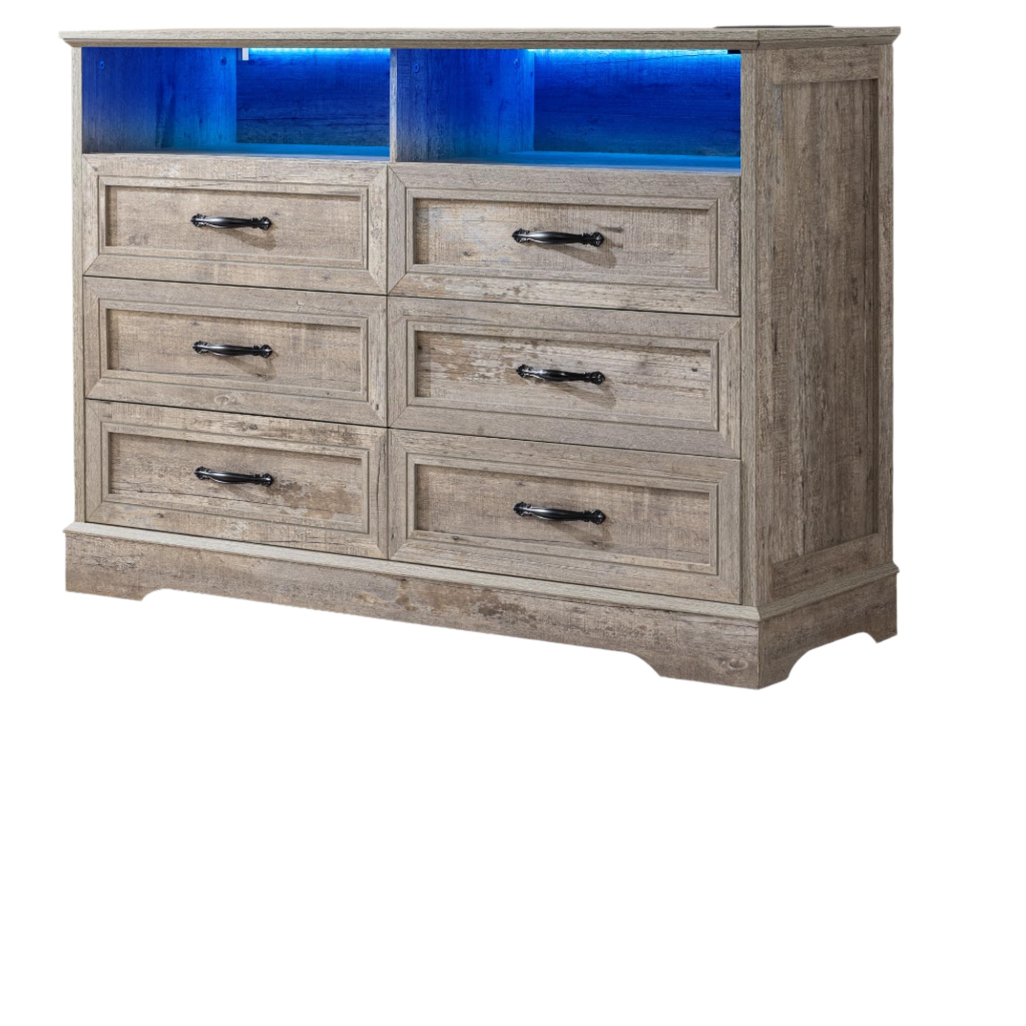 Dressers for Bedroom,6 Drawers Dresser with LED Light,Power Outlets and Open Shelves