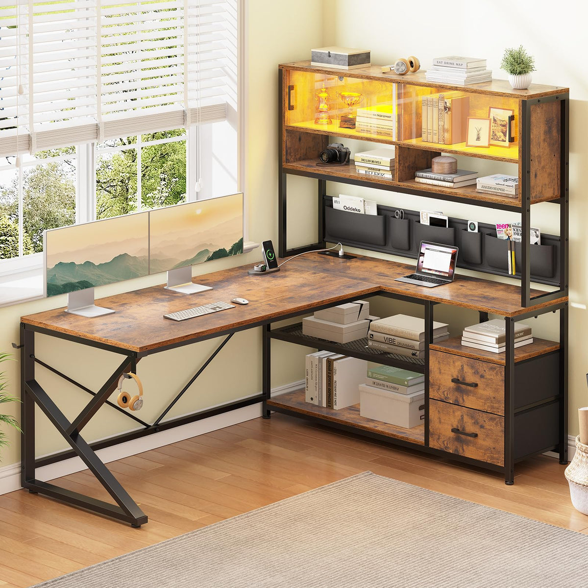 L-Shaped Computer Desk with Bookshelf, LED Light, Drawers and Power Strip