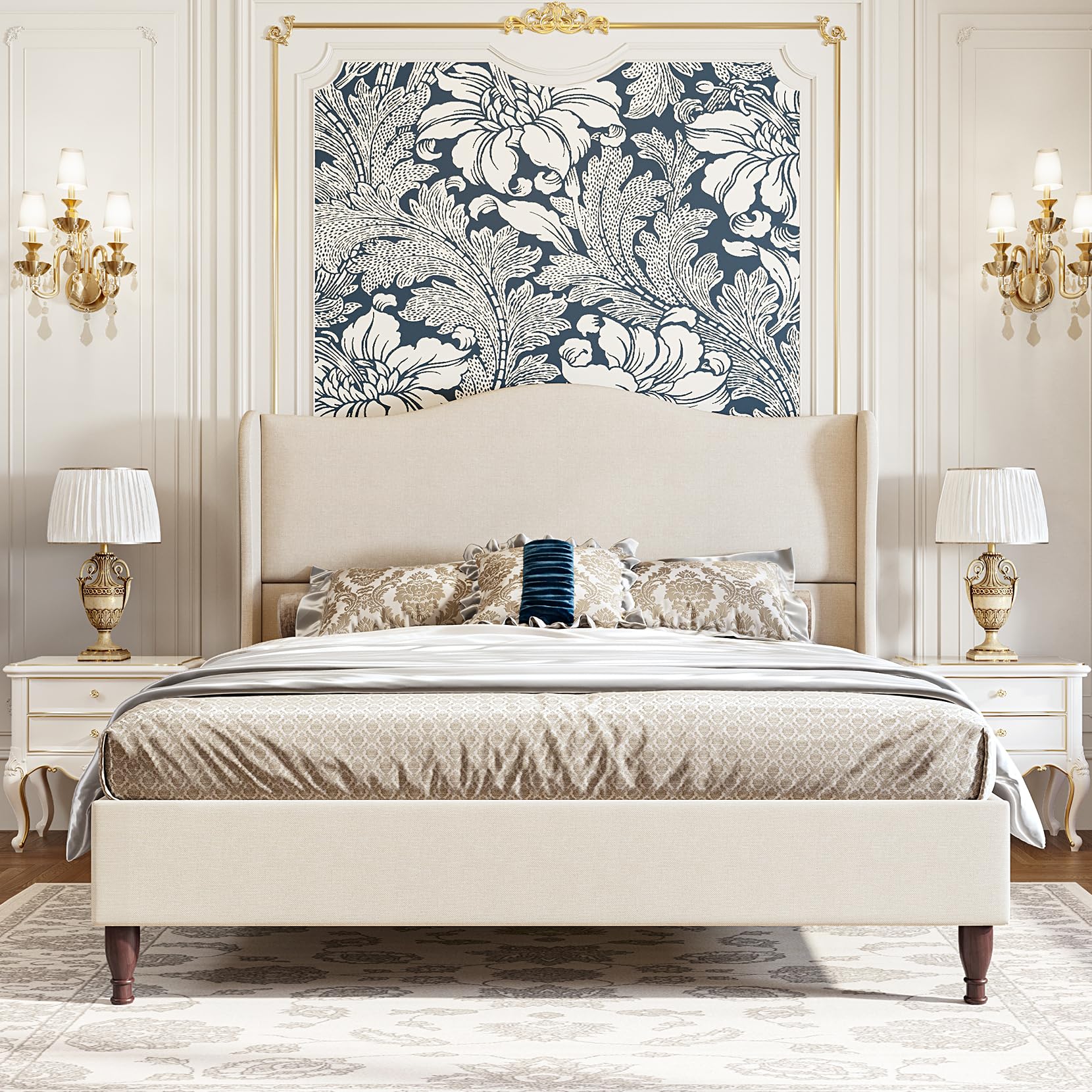 King Size Bed Frame Upholstered Platform Bed with 51" Tall Headboard Wingback