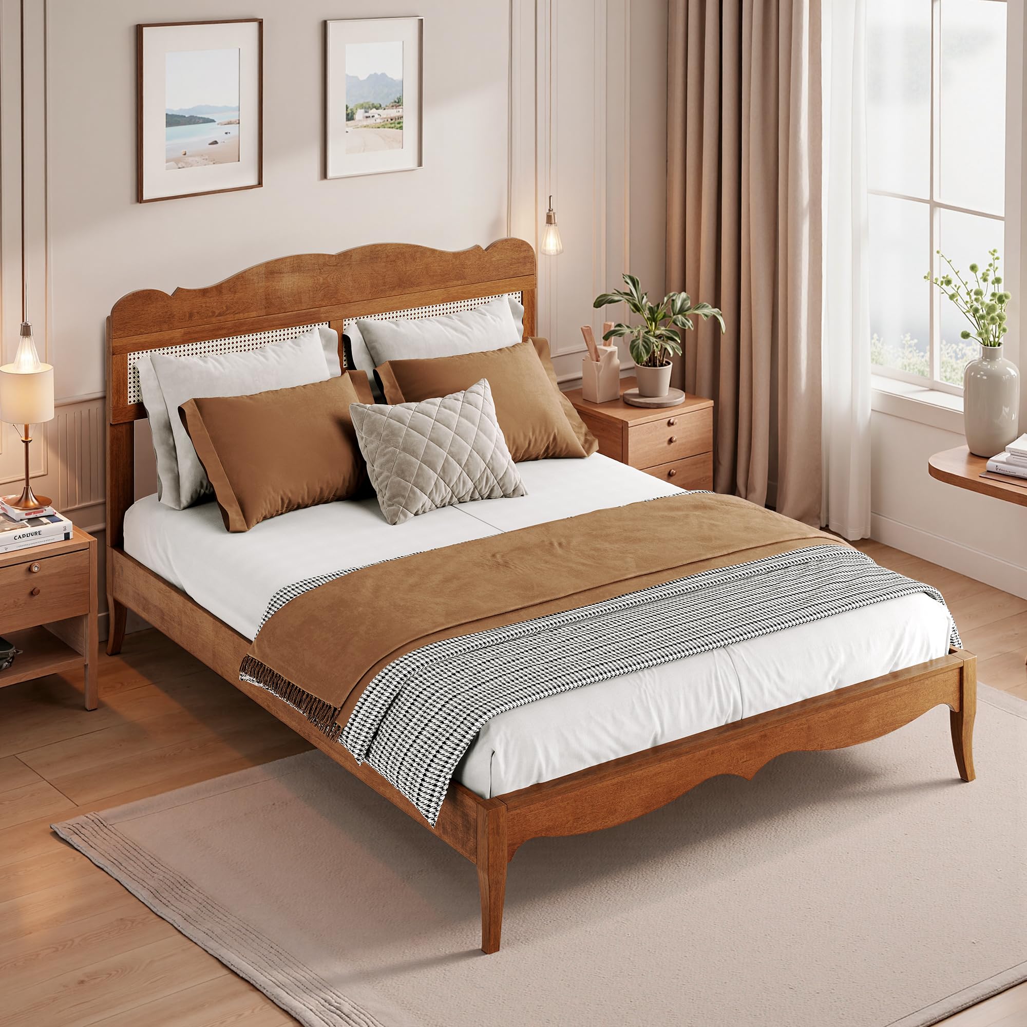 Rattan Queen Bed Frame with Headboard, Mid Century Wood Bed Frame