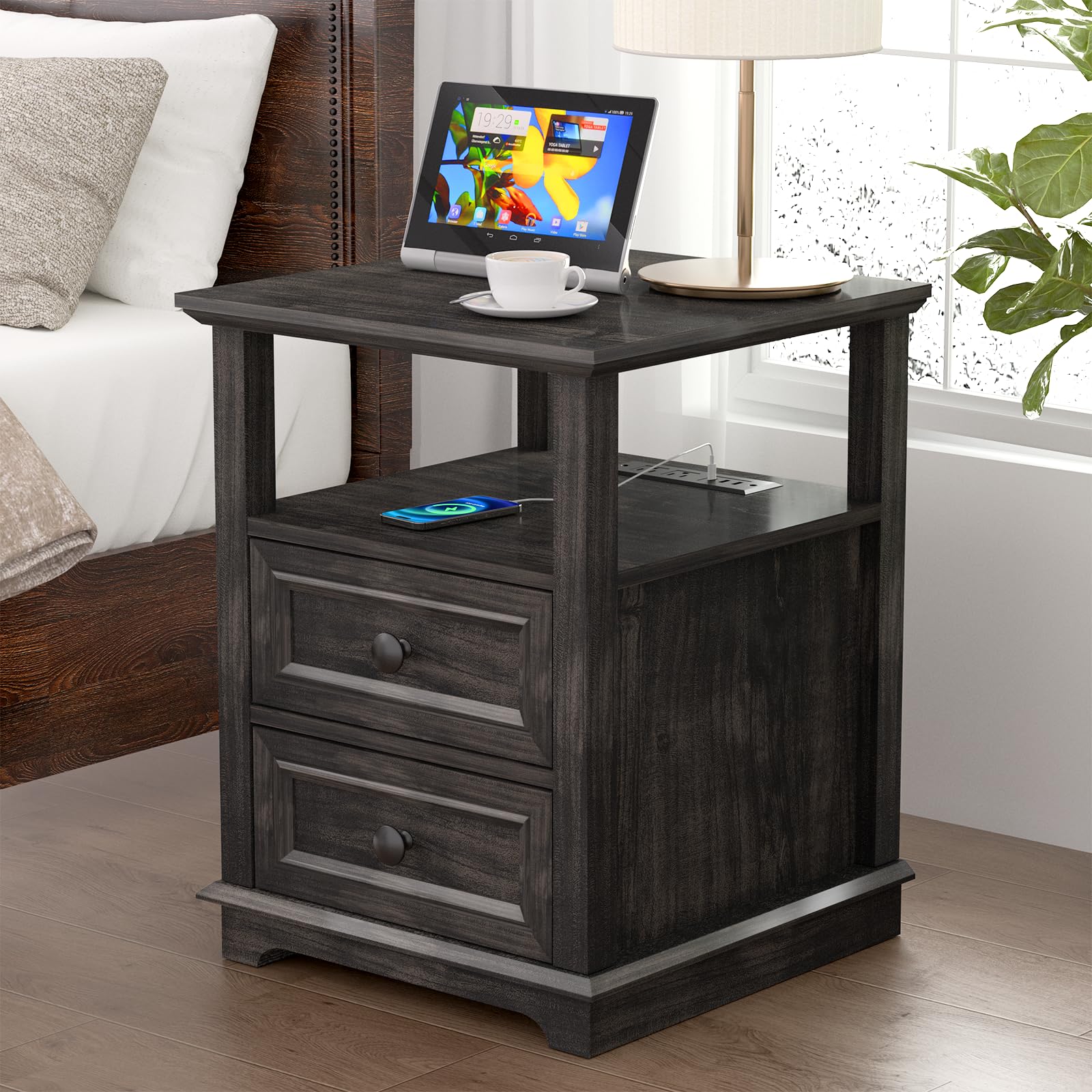 REDAYFUR 24" Tall Nightstand with Charging Station, Double 18W Fast Charge End Table, Large 18” Bedside Table with Drawers,Rustic Wood Storage Cabinet with Open Shelf for Bedroom,Olive Brown