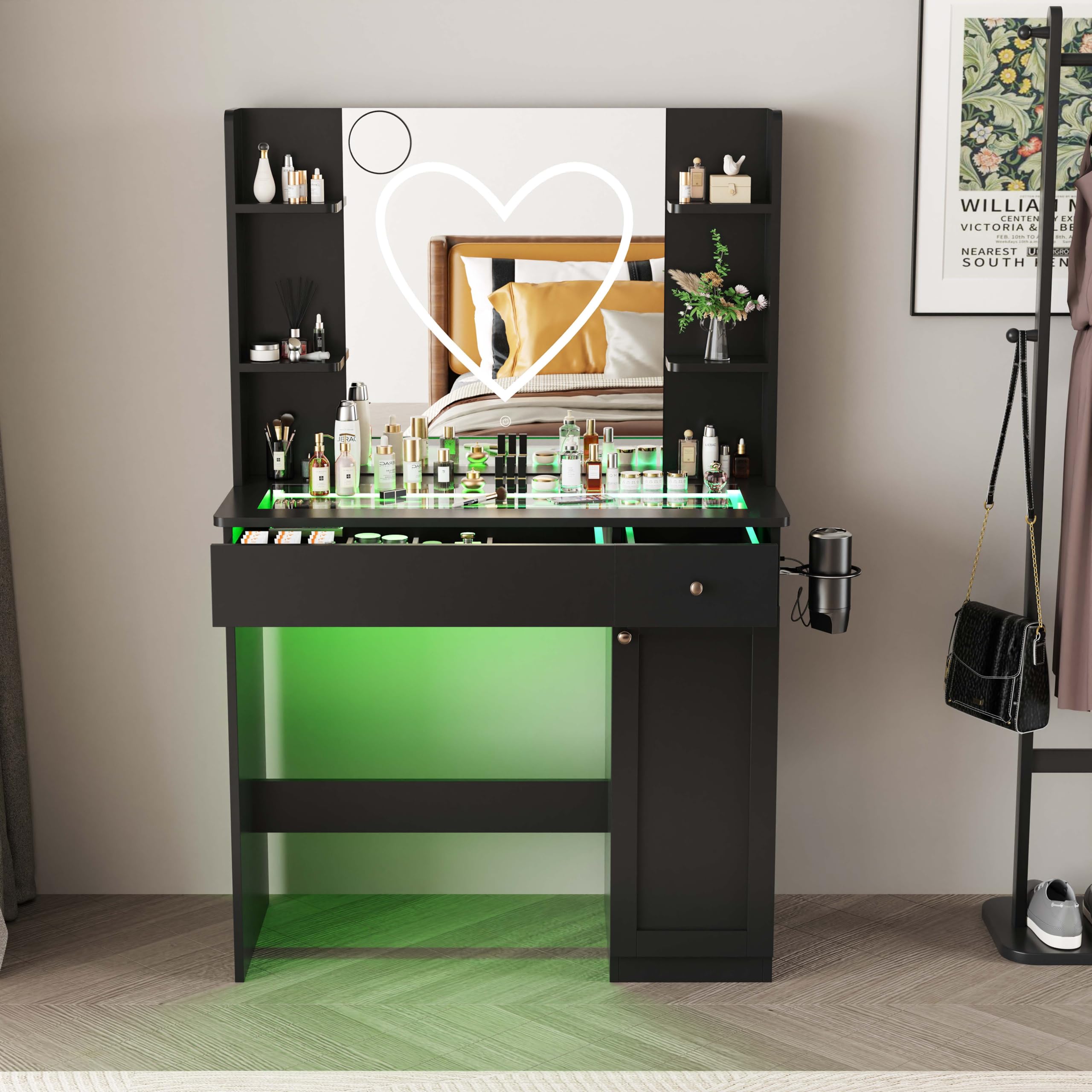 Vanity Black Desk with Mirror and Lights Heart Strip, RGB Led, Glass Top