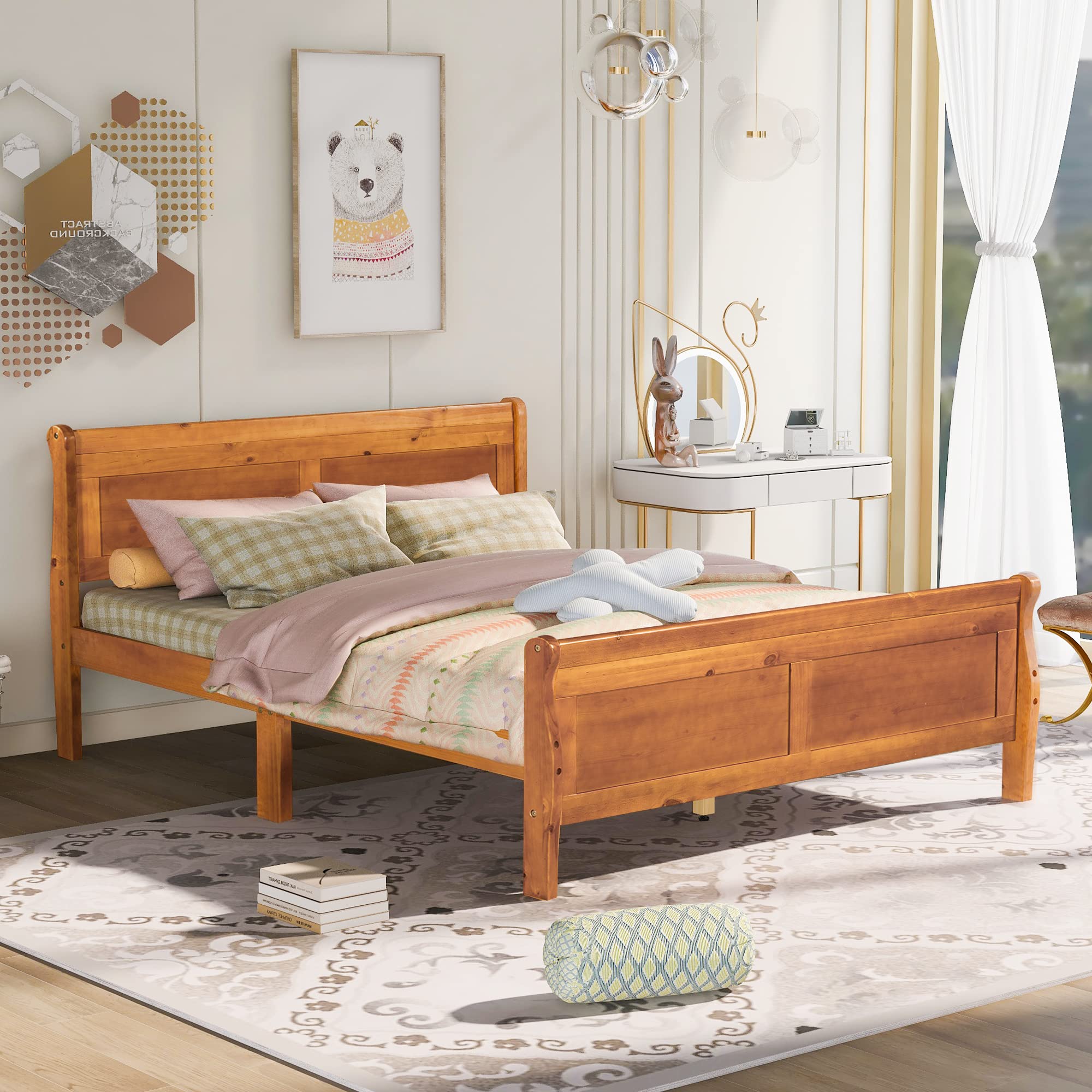 Wooden Queen Platform Bed Queen Bed Frame with Headboard and Footboar