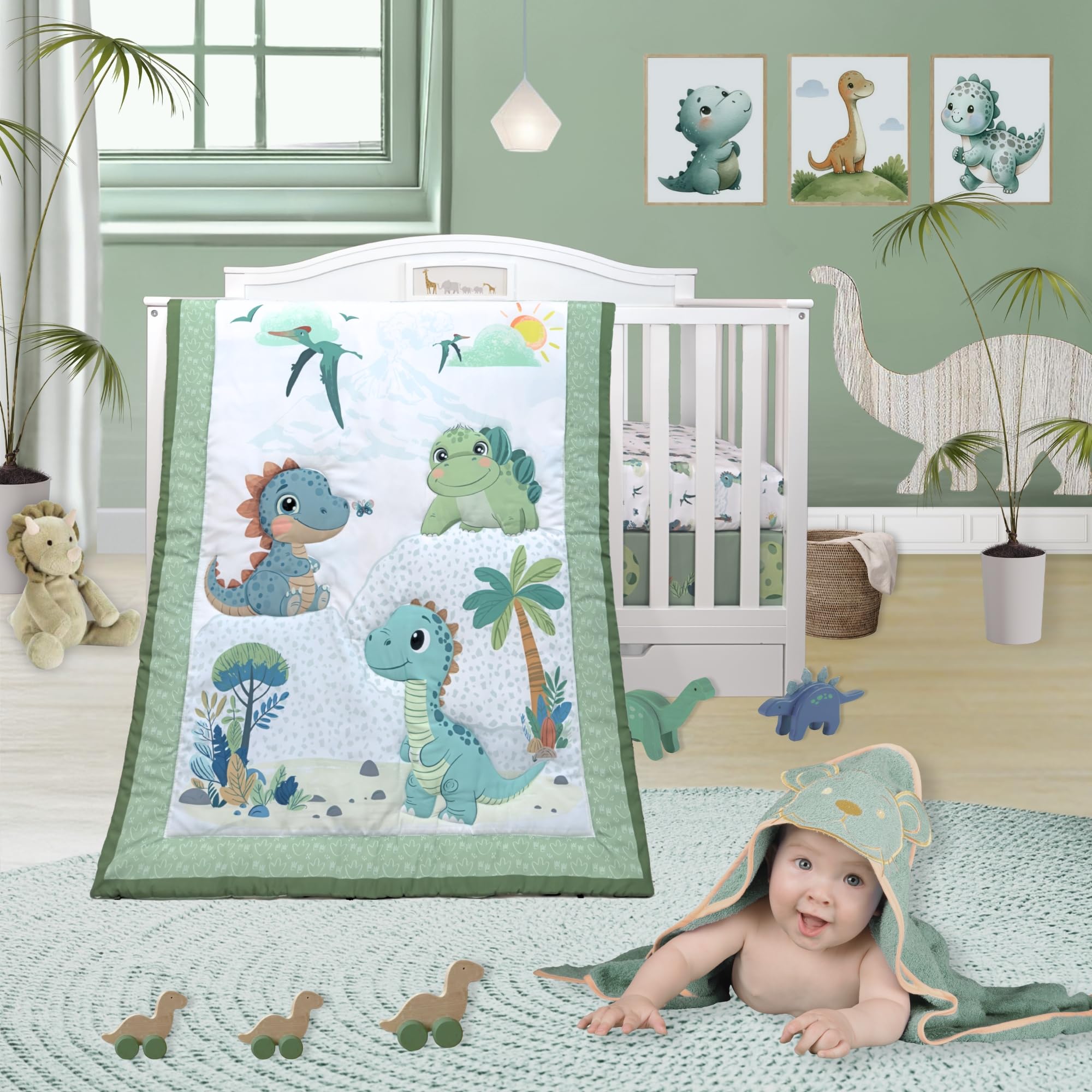 4 Piece Unisex Baby Dinosaurs Crib bedding set for Boys or Girls