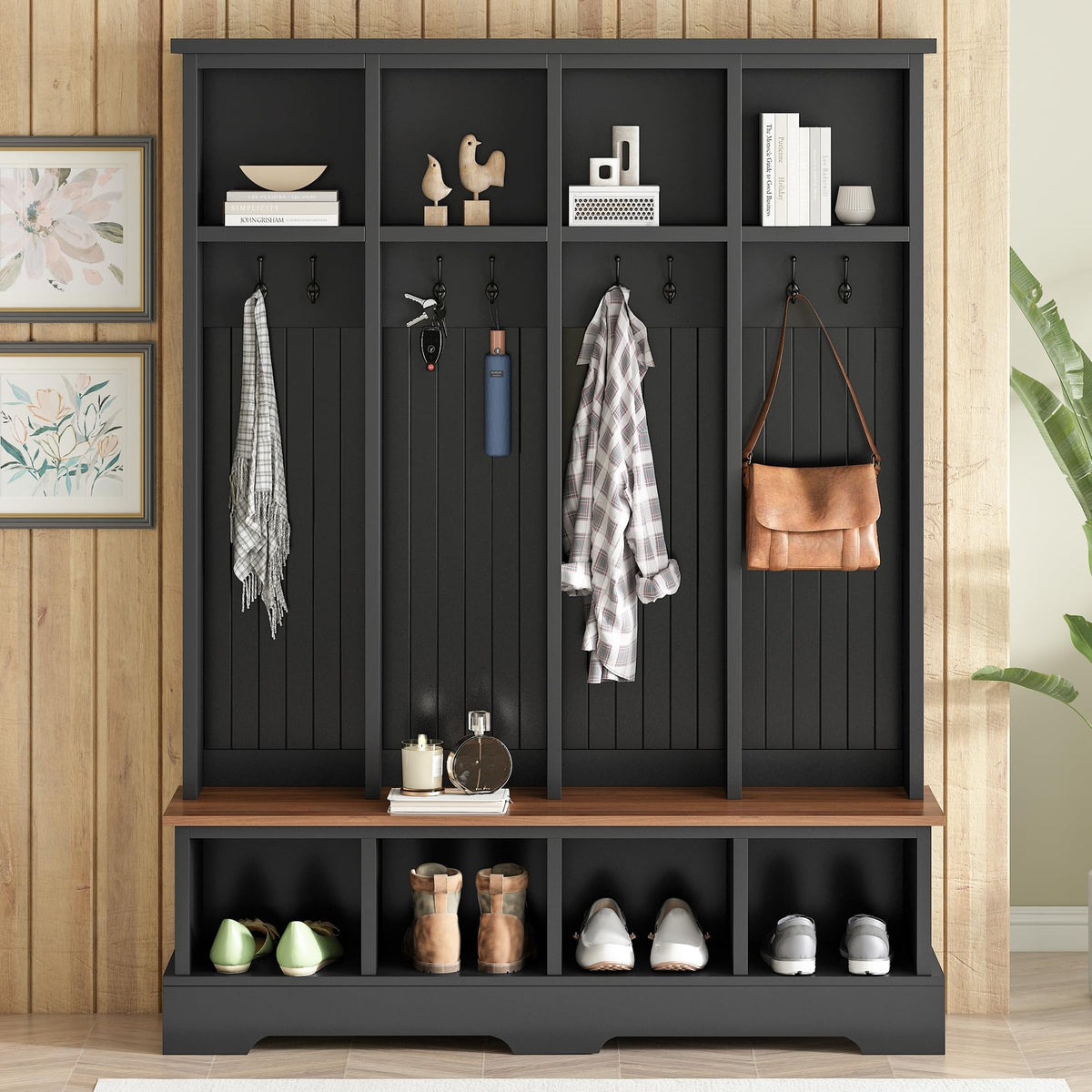 Farmhouse Hall Tree with Bench & Shoe Storage – 3-in-1