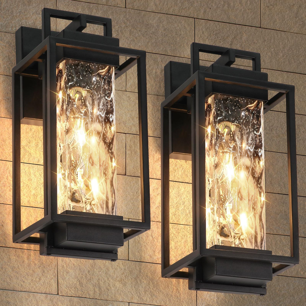 Modern Outdoor Wall Sconce with Water-Ripple Glass, 2-Pack