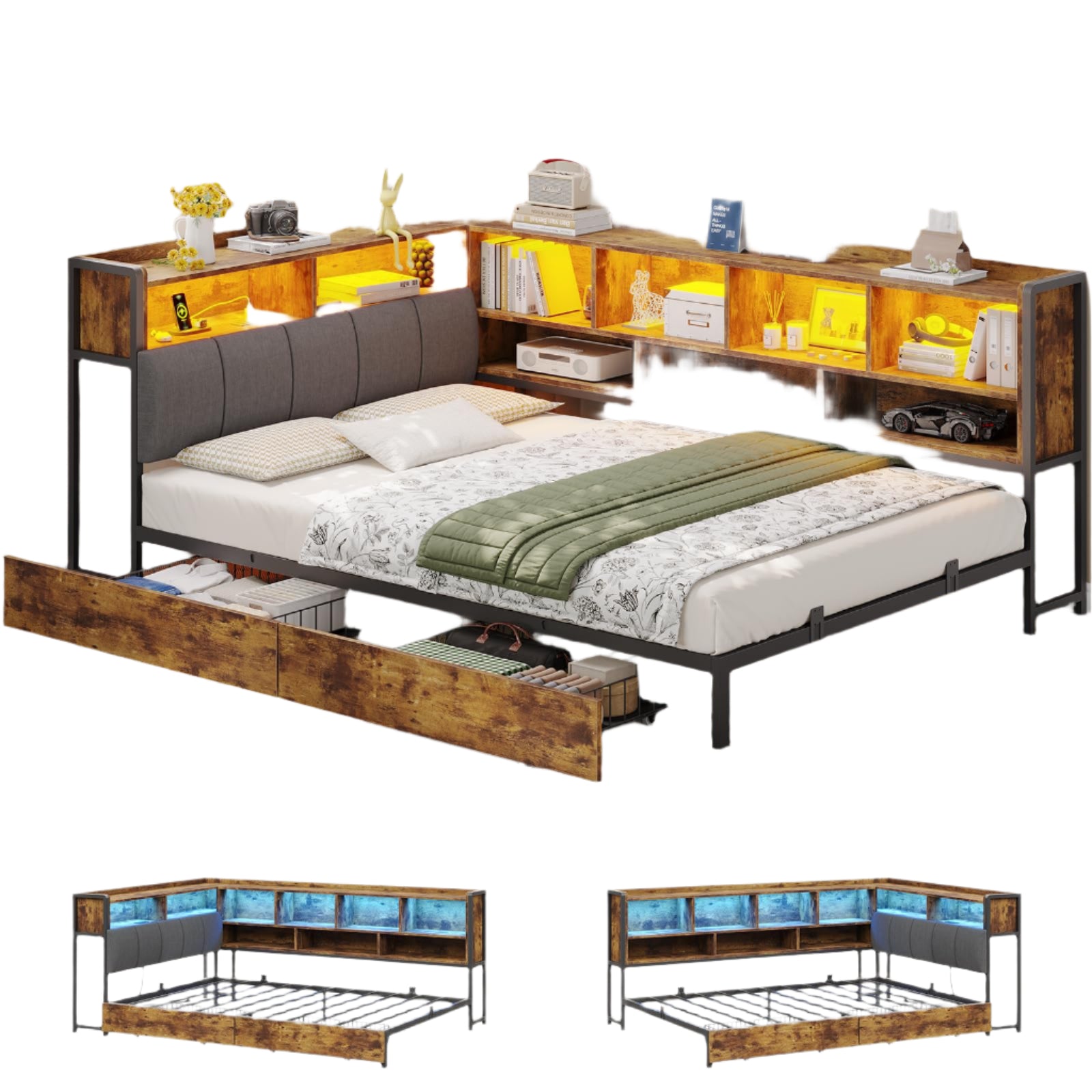 Bed Frame with Bookcase Storage,Twin Size Bed Frames with Storage