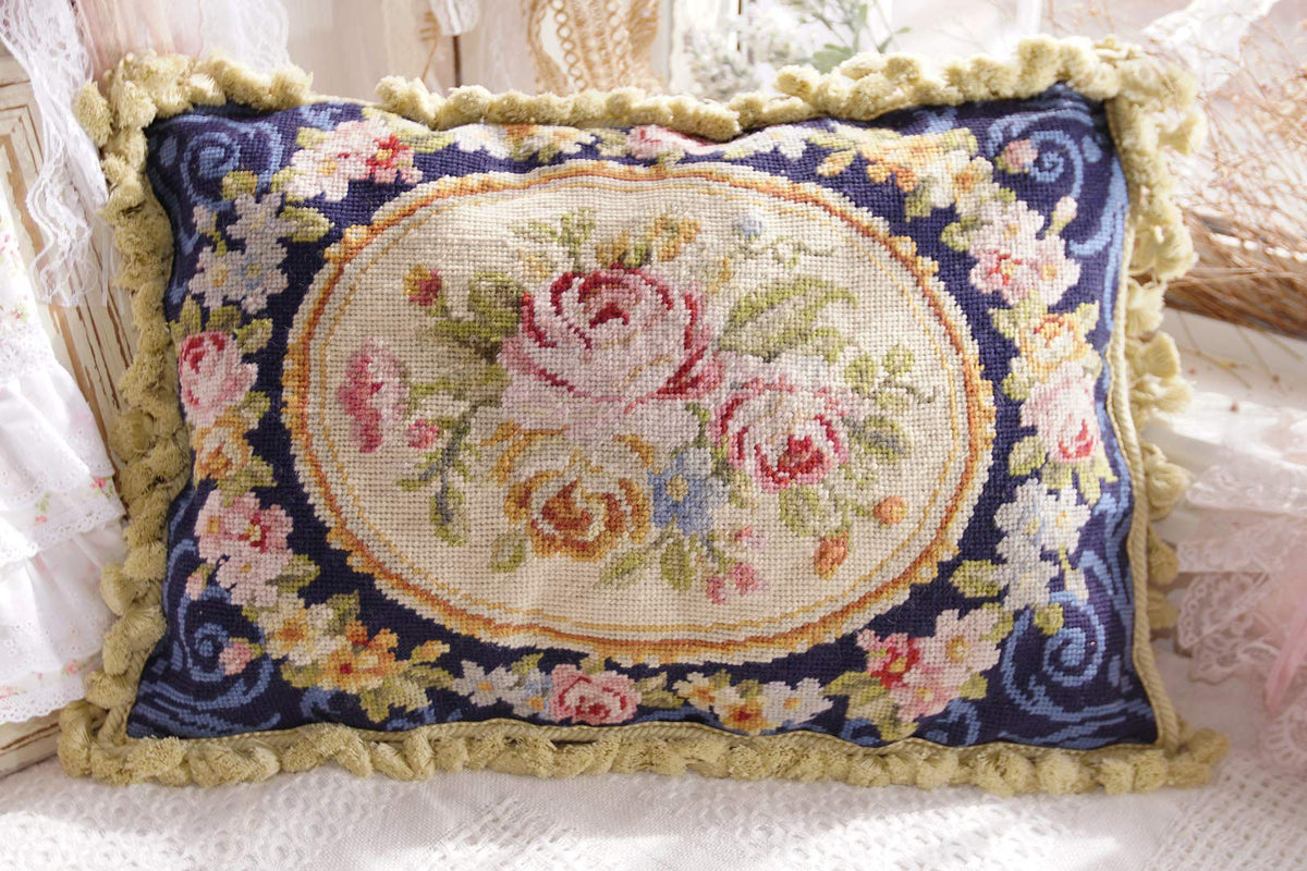 Handmade Needlepoint Pillow Cover – Floral Aubusson 20x14