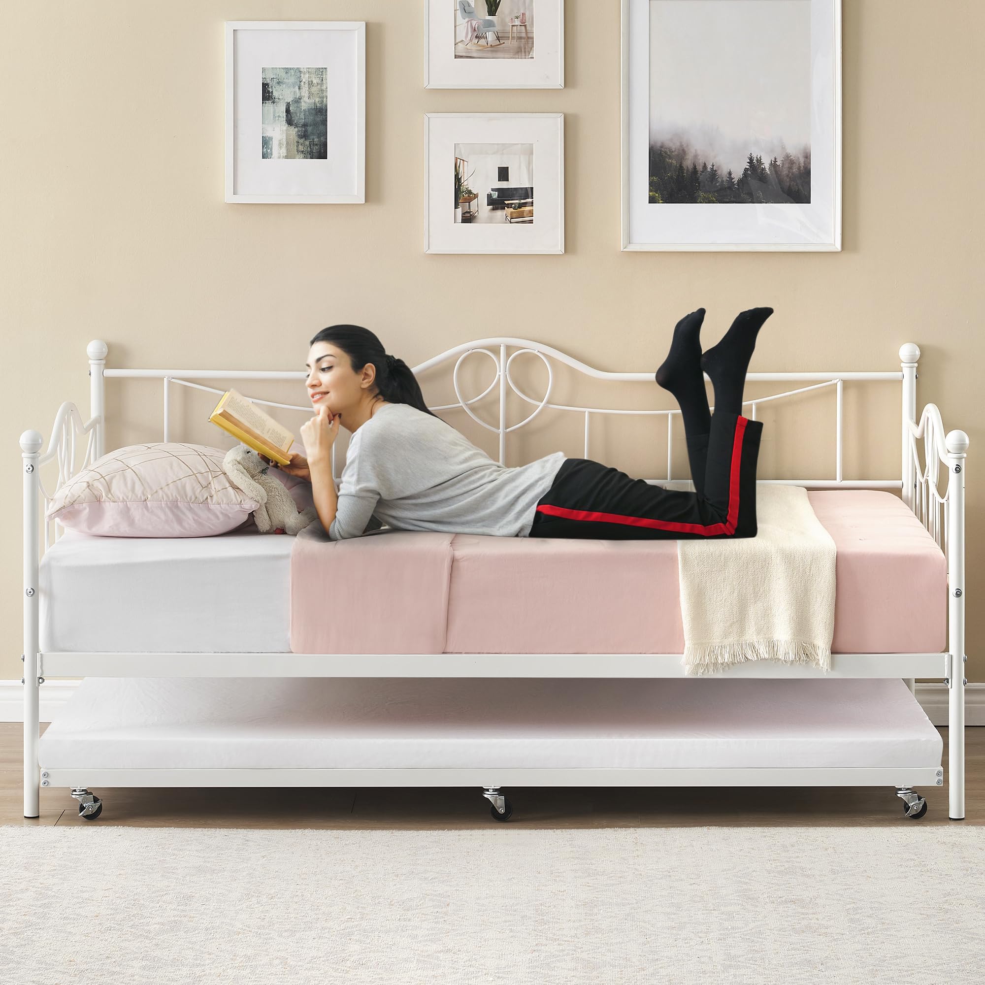 Daybed with Trundle, Twin Bed Frame with Trundle, Metal Twin