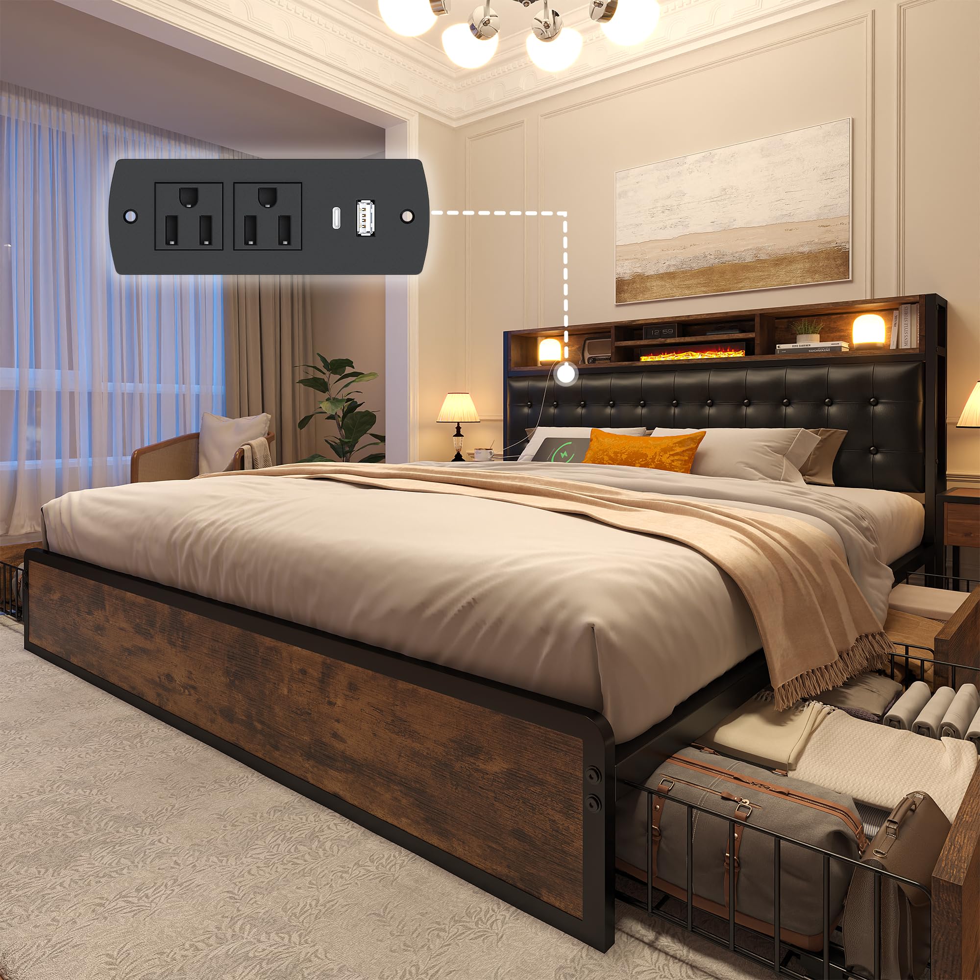 EnHomee Queen Bed Frame with 4 Storage Drawers