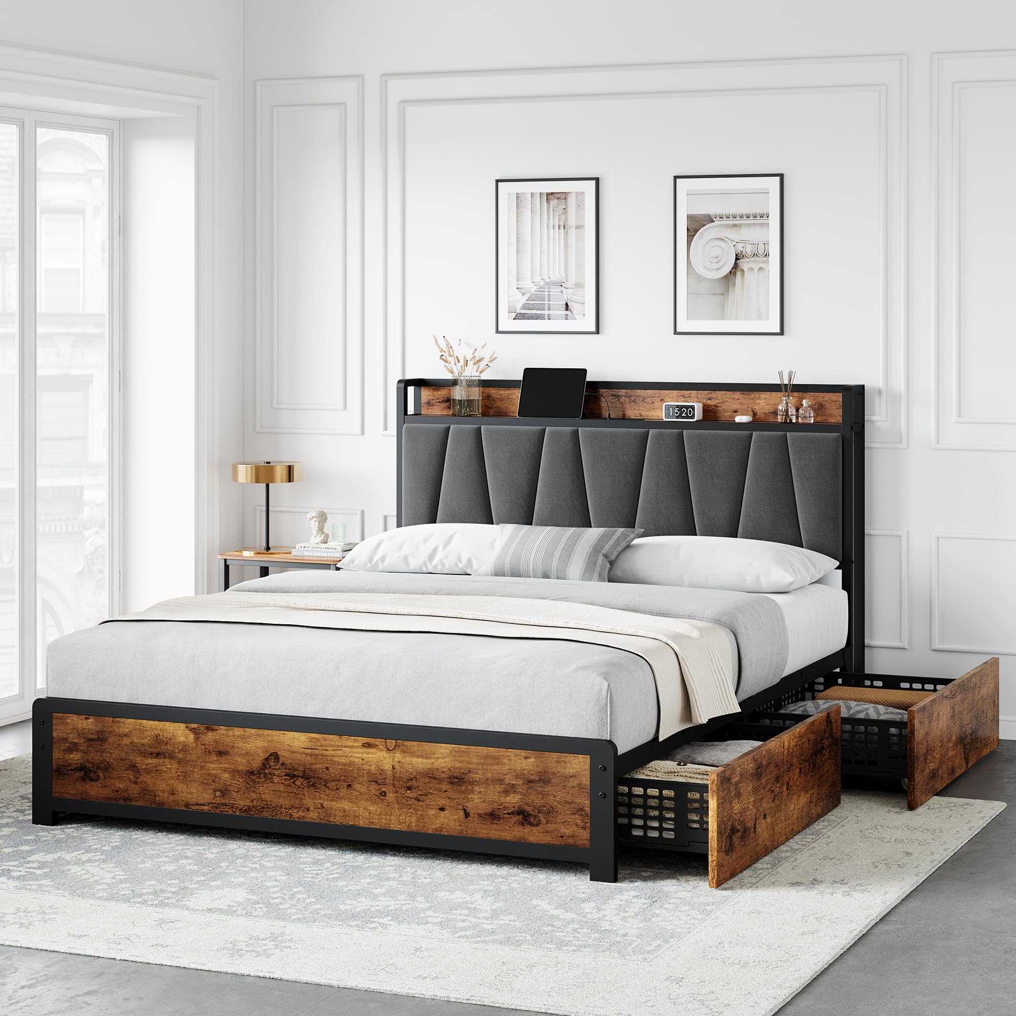 Queen Size Bed Frame with Storage Linen Upholstered Headboard, 4 Drawers Platform Bed