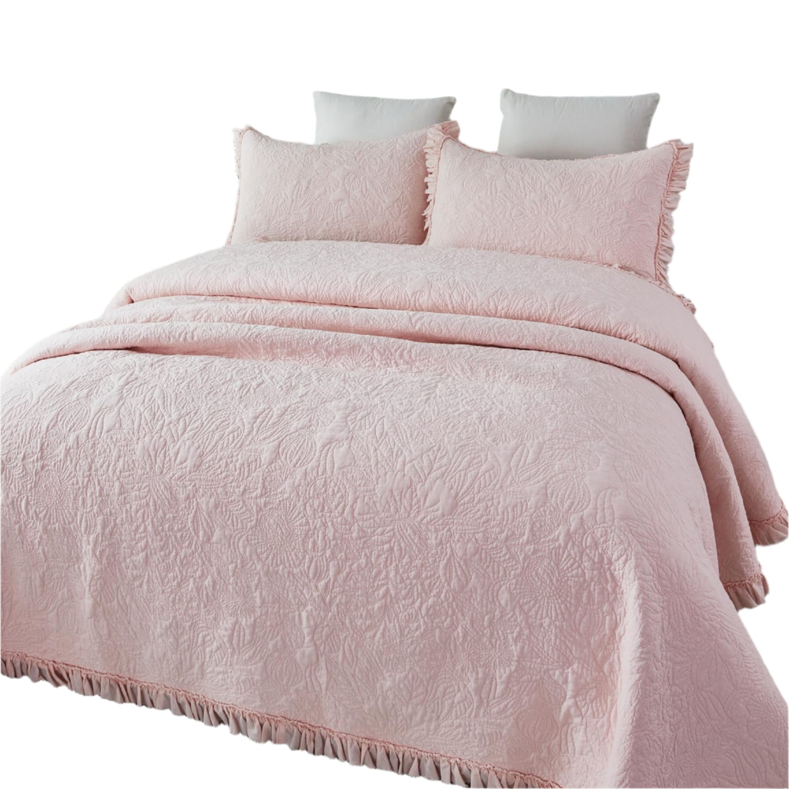 Light Pink Quilt Set Queen Size Cotton Botanical Matelasse Bedding Lightweight Floral