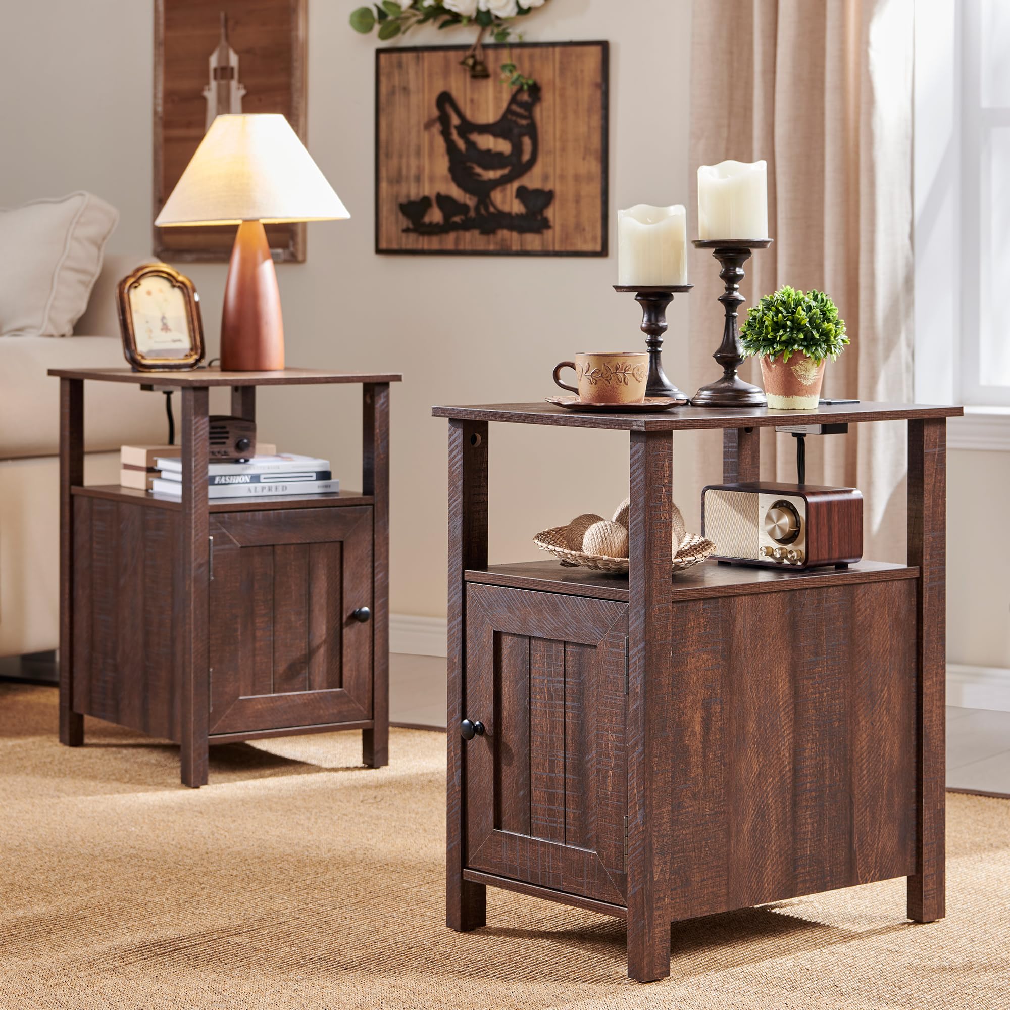 Farmhouse Nightstand Set of 2, End Table with Charging Station