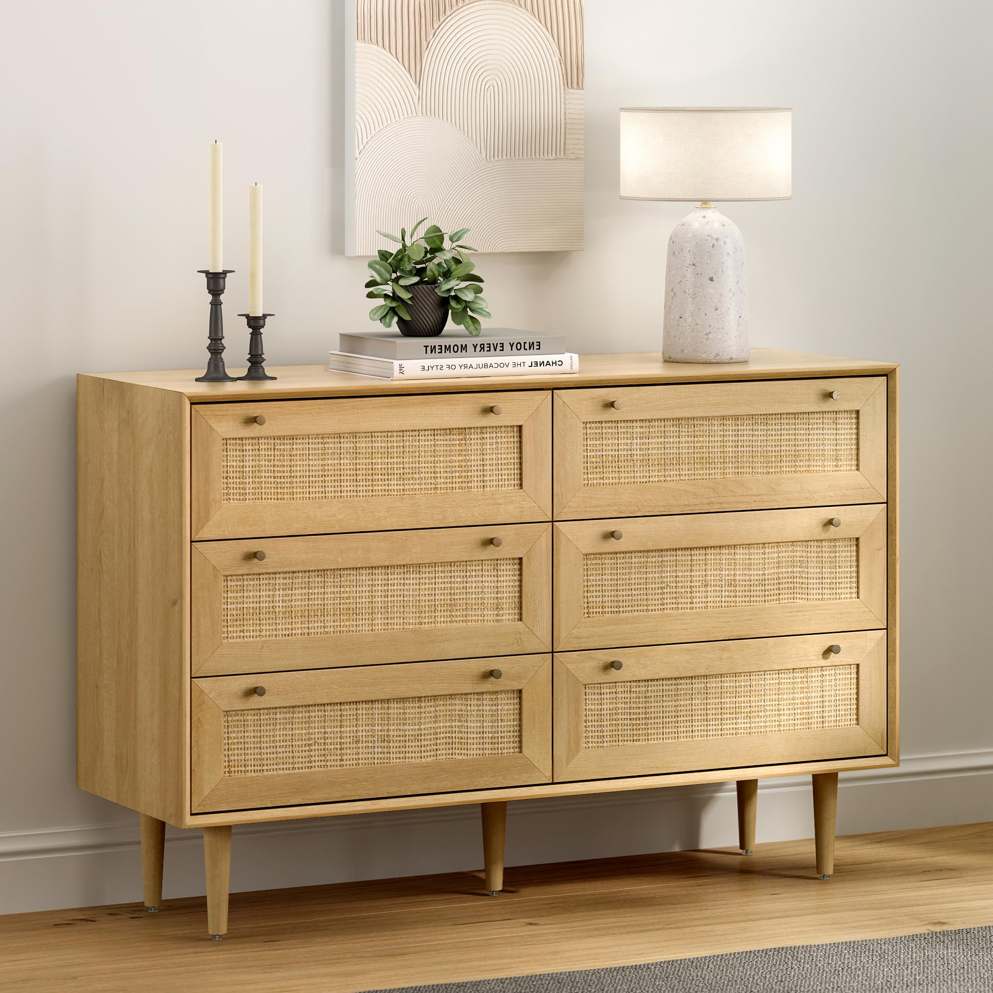 6 Drawer Dresser, Rattan Chest of Drawers with Storage Boho Closet Dresser Wood Storage