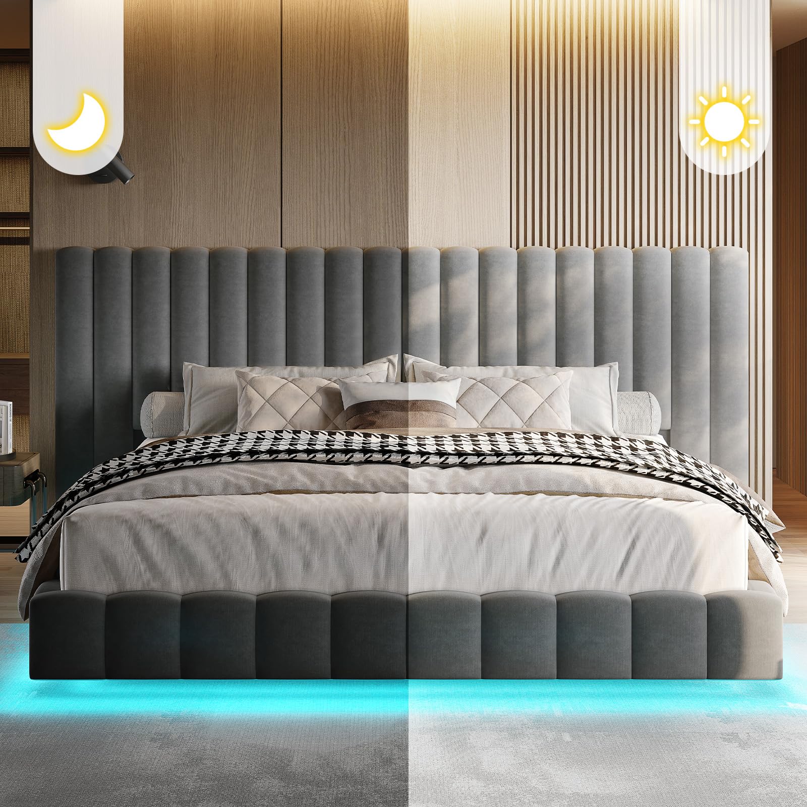 Queen Bed Frame with LED Lights and Upholstered Oversized Headboard