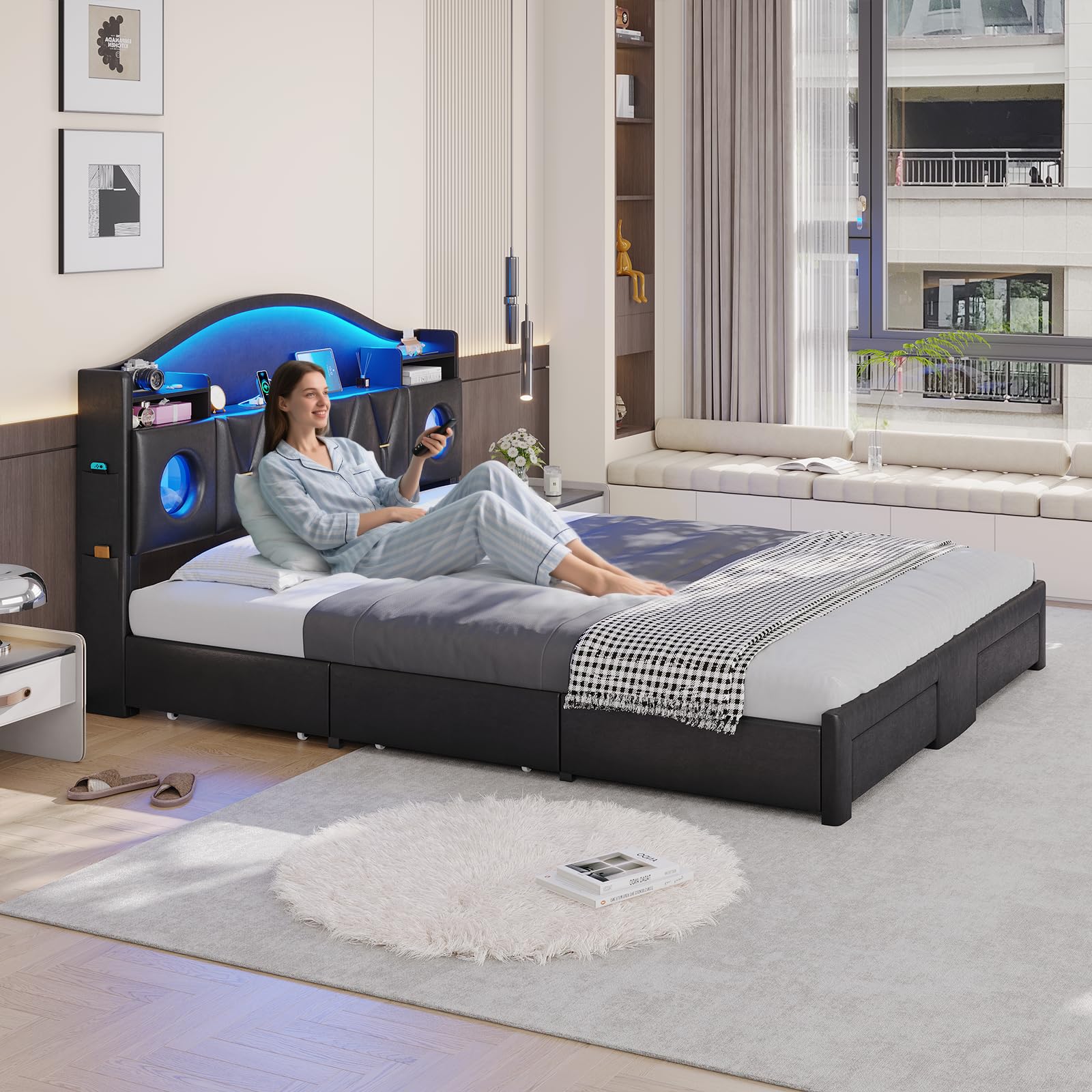 California King Bed Frames，Cal King Bed Frame with 6 Storage