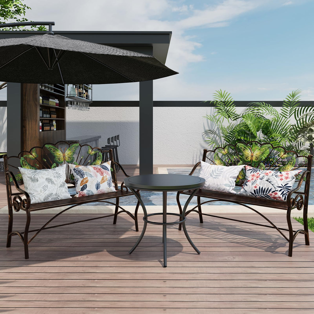 Metal Garden Bench with Butterfly Fan Backrest