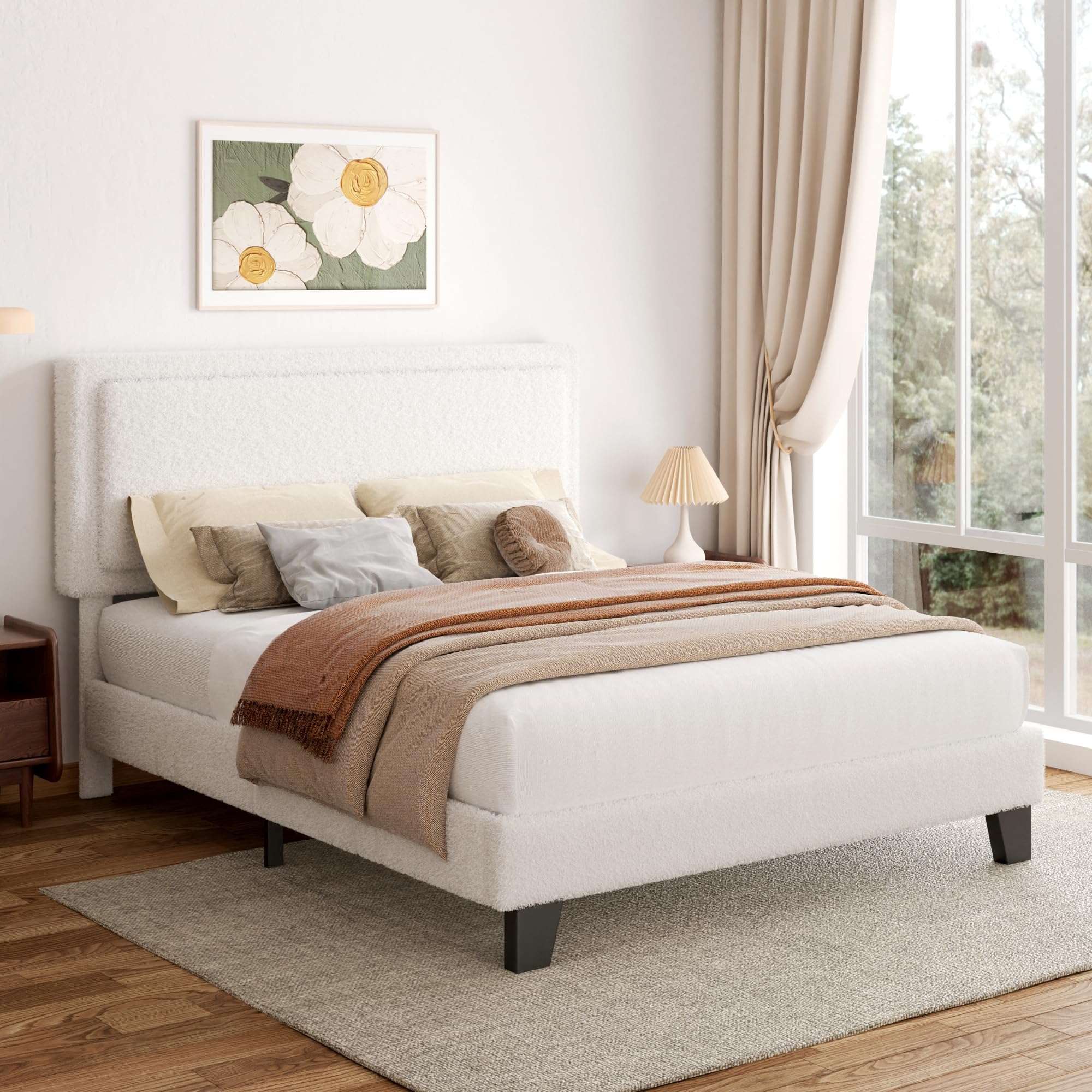 Size Bed Frame, Upholstered Platform Bed Frame with Adjustable Headboard