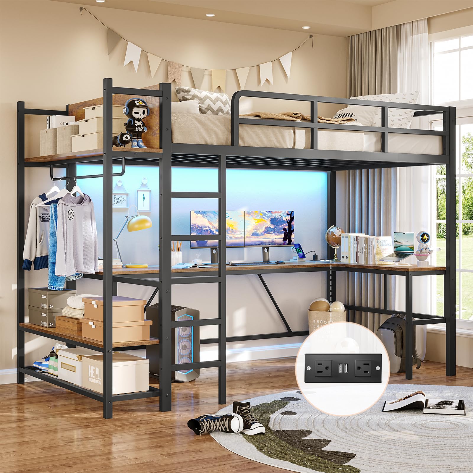 Loft Bed with L-Shaped Desk, LED Lights and Charging Sation, Loft Bed Twin