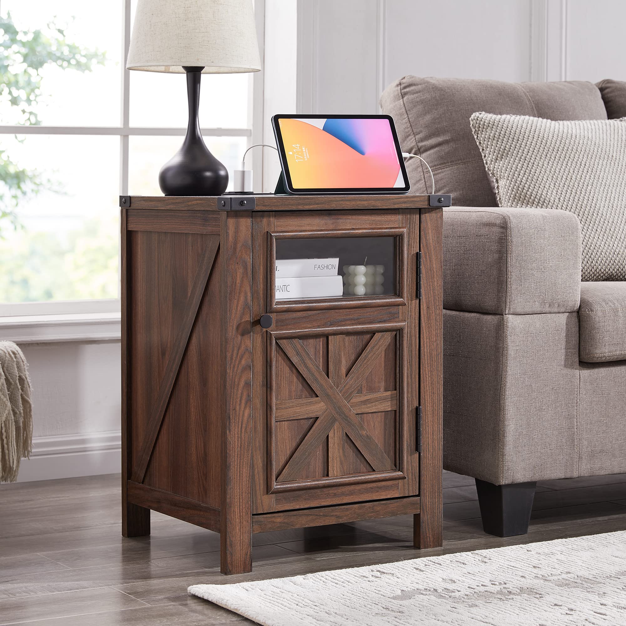 Farmhouse End Table with Charging Station, 18'' Rustic Nightstand