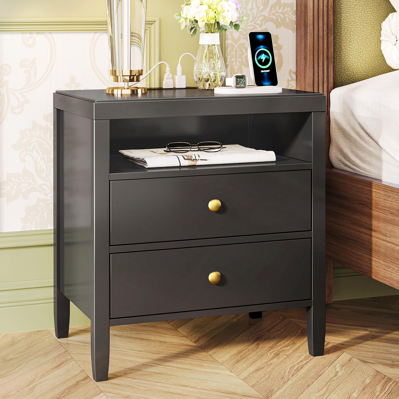 Black Nightstand Set of 2, Night Stand with Charger Station, Bedside Table with 2 Drawers