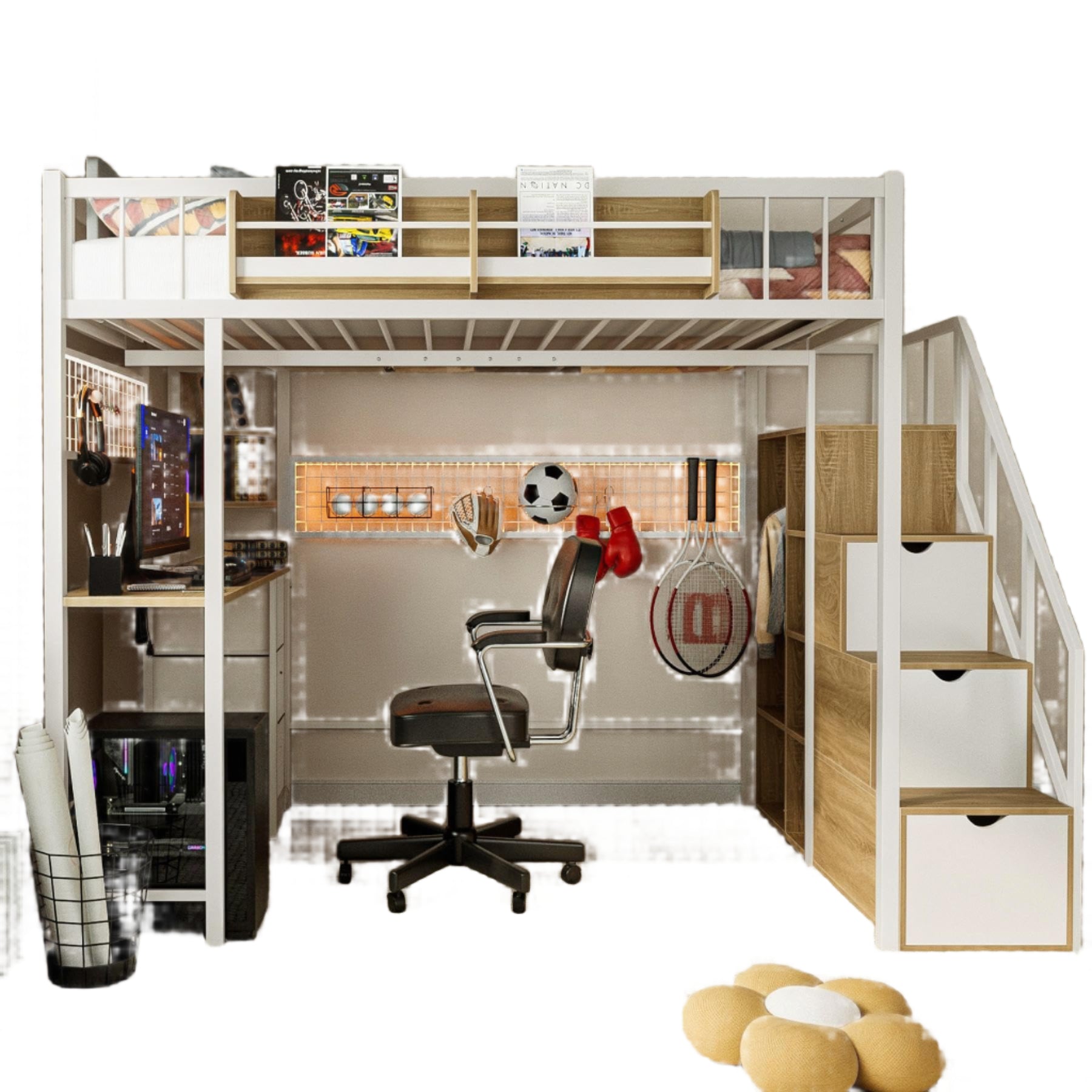 Full Size Loft Bed with Desk and Stairs, Headboard, Wardrobe