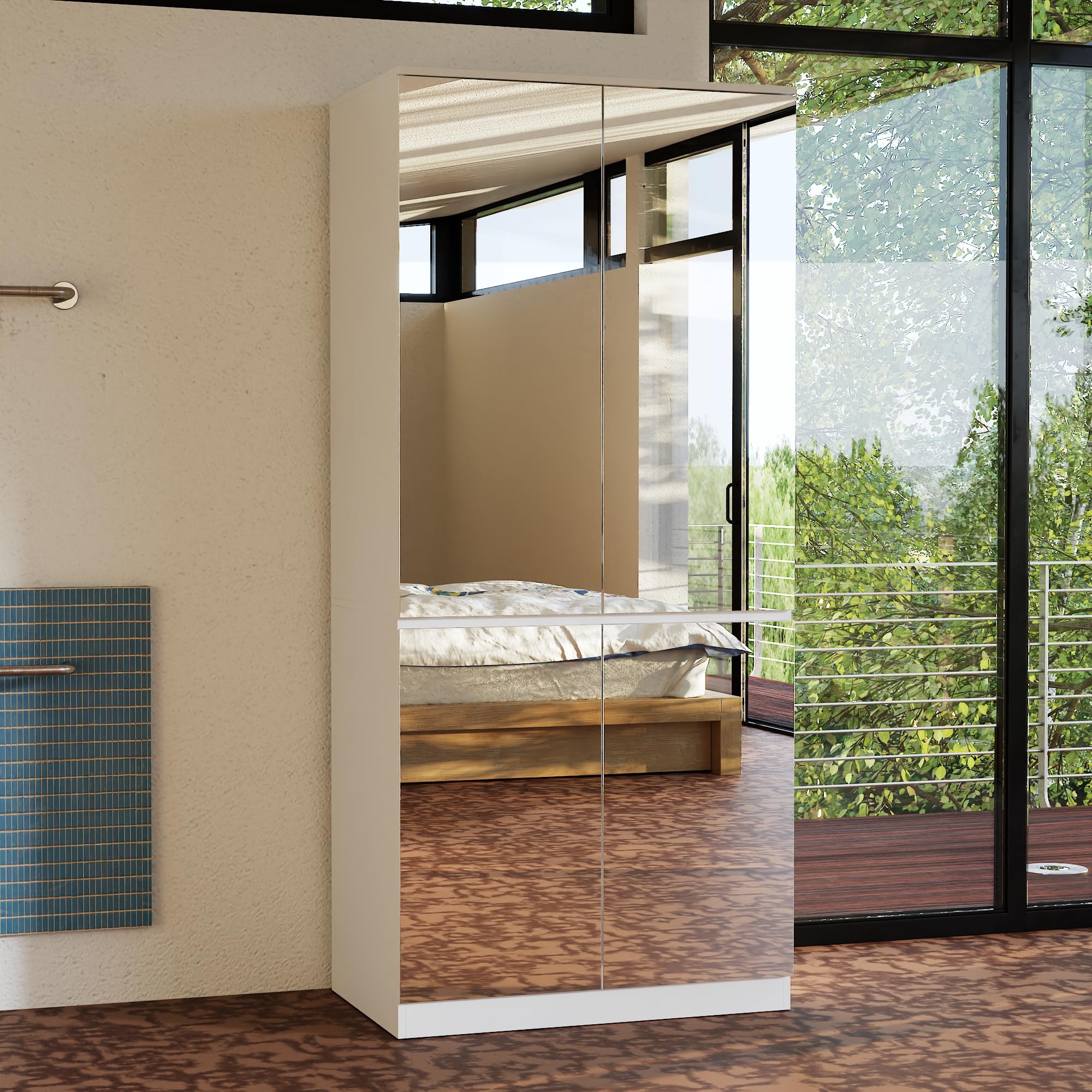 70.9" H Wardrobe Closet with All Mirror, Wooden Bedroom Armoire