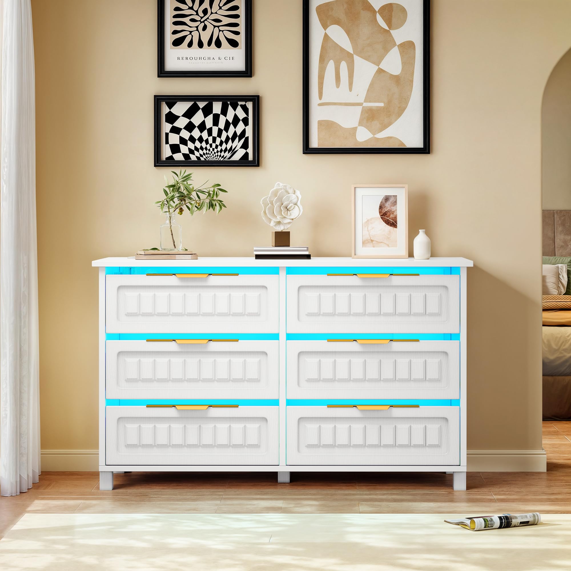 6-Drawer Dresser, White Wood Dresser with Charging Station and LED RGB Light