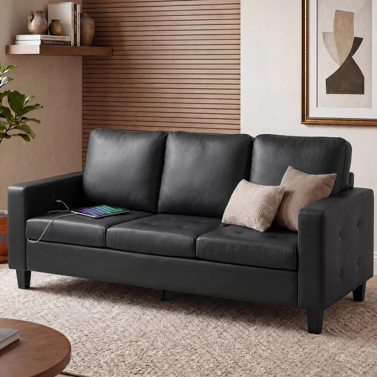 Faux Leather Sofa Set with USB Charging